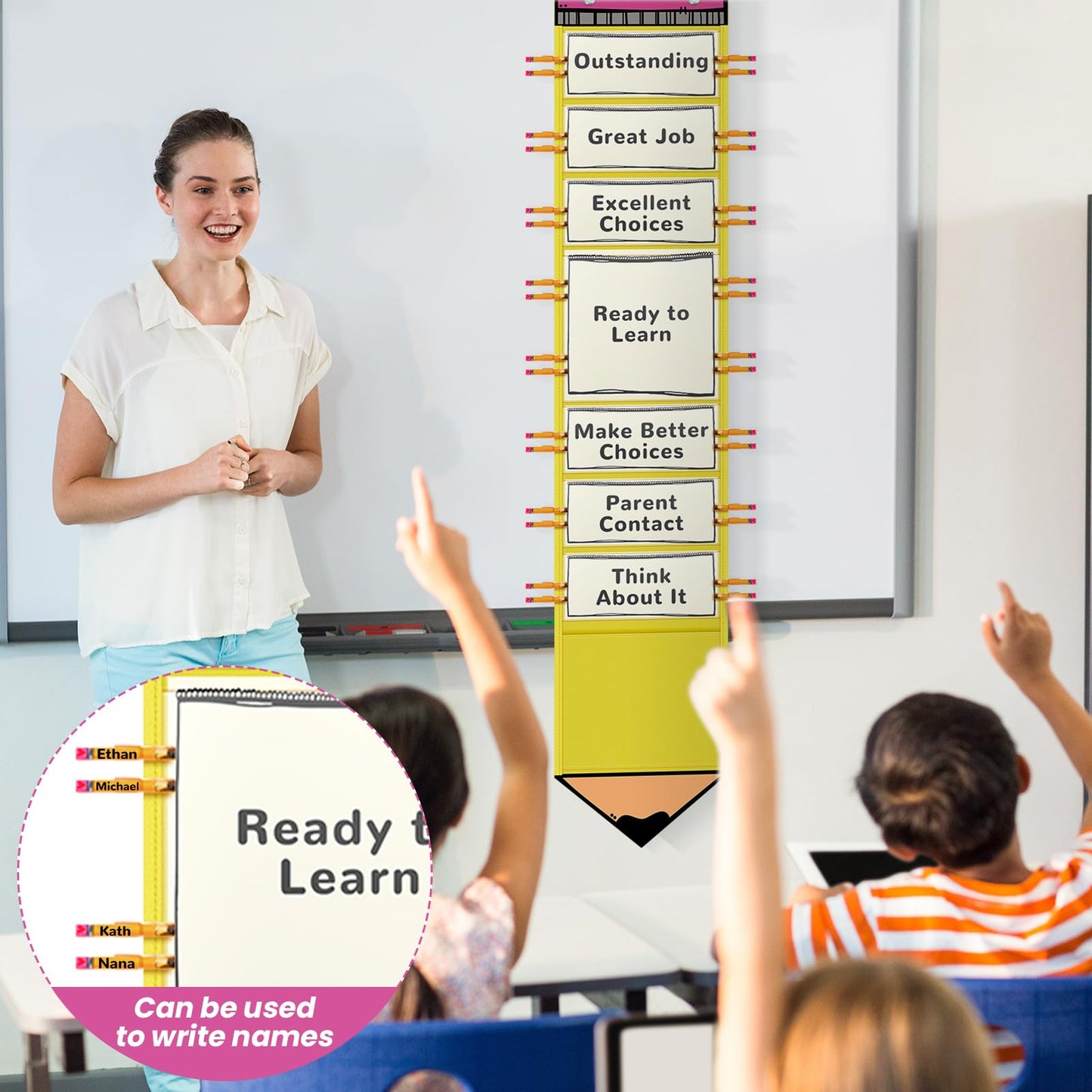 AmazingSpark 57 Pcs Classroom Behavior Chart for Student Management Kids Tracking Chart Hanging Creative Bulletin Board with 40 Clips for School Preschool Child Care(Pencil)