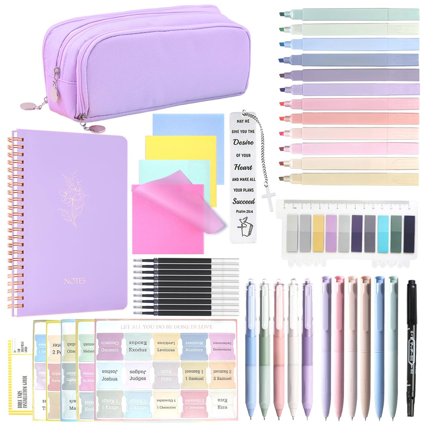 Bible Study Supplies Journaling Kit for Women,Office School Supply Set with Large Pen Case,Bible Study Journal Notebook,No-Bleed Highlighters and Pens,Sticky Notes,Bible Tabs Bookmark (purple)