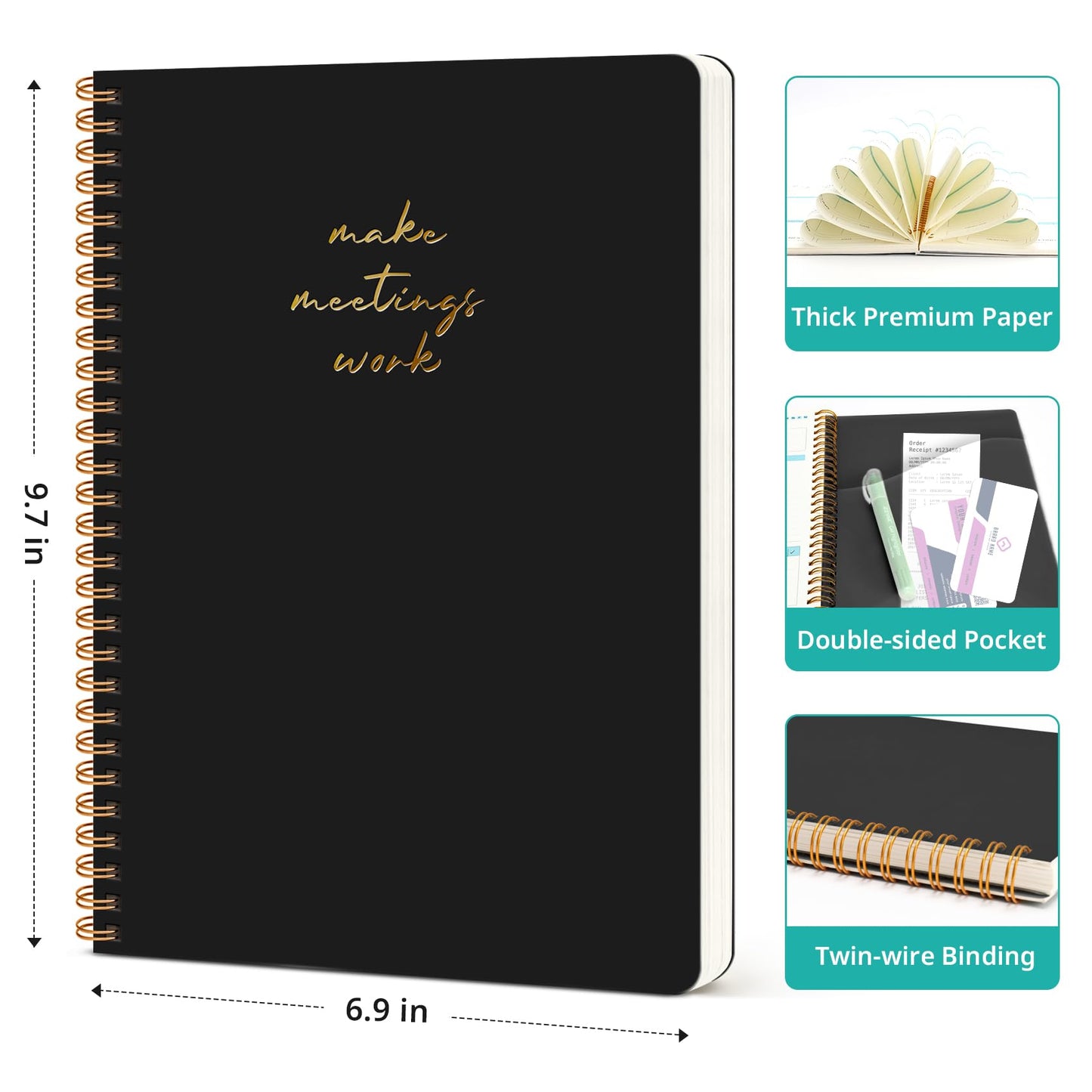 6 Pack of Meeting Notebook for Work Organization - Work notebook with action items, Meeting Minutes Planner Notebook, Perfect Office Supplies for Men & Women - Black