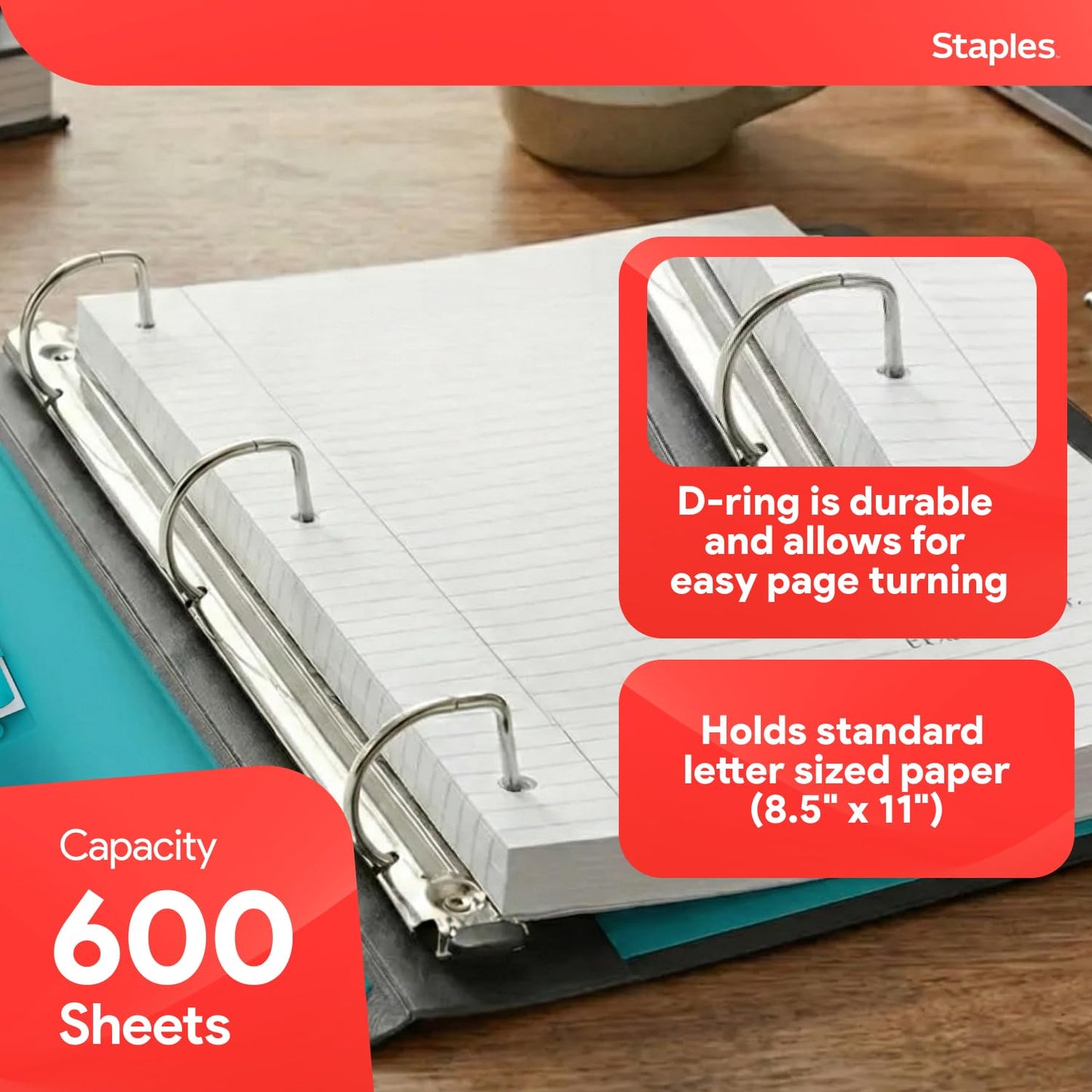 Staples Heavy-Duty 3-Inch D-Ring Binder, Teal – Large Capacity 3-Ring Binder with Pockets, Holds Up to 600 Sheets