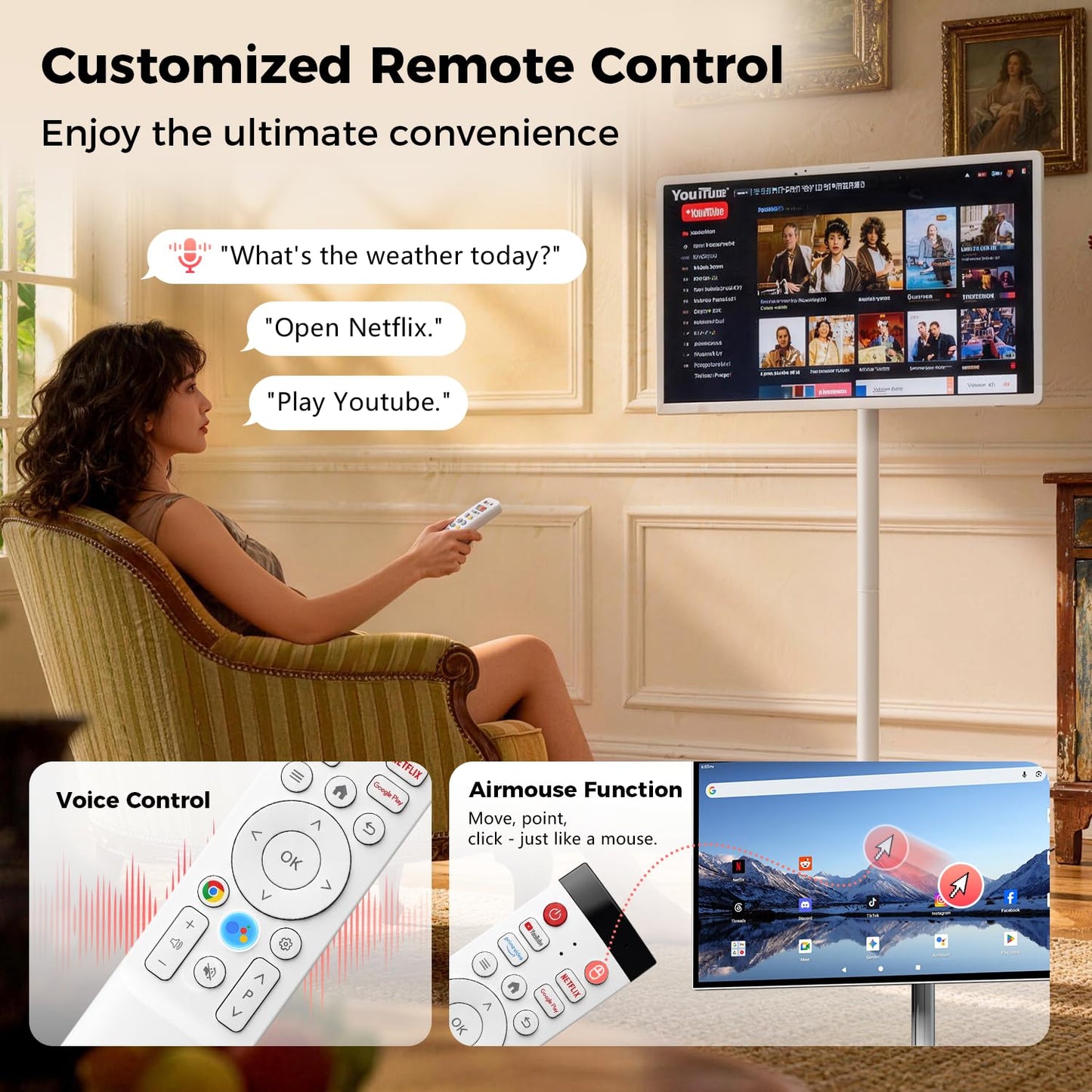 32 Inch Smart Portable TV, FHD Touch Screen Rolling Monitor on Wheels, Android 15 8GB +128GB, Wireless Tablet Display with Camera, 20W Speaker, EDLA-Certified 38,400 mAh Battery Voice Airmouse Remote