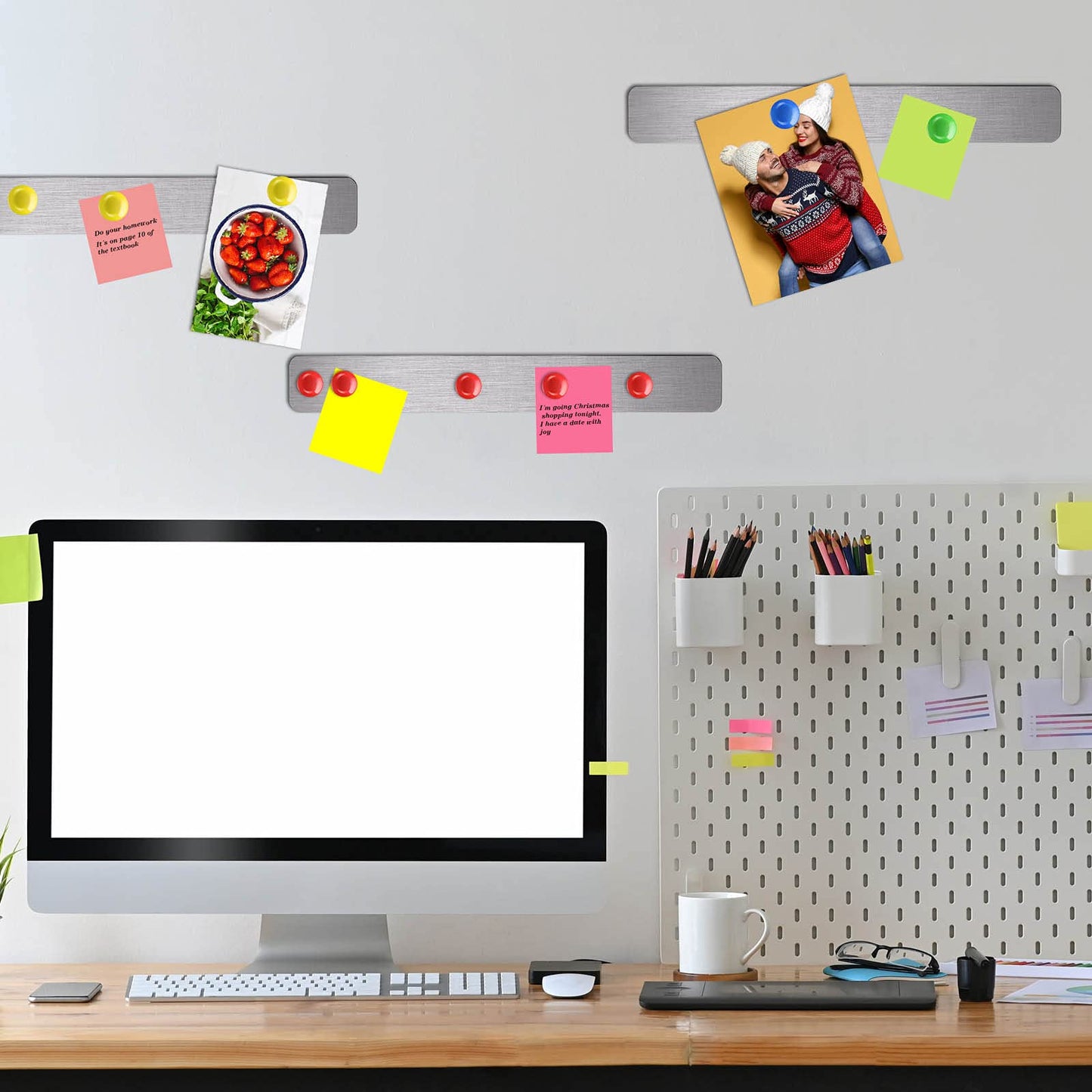 Outus 6 Pcs 15" x 2" Magnetic Wall Strips, Magnetic Bulletin Board Strip Set with 48 Pcs Colorful Magnets, Metal Display Board for Office Home Notes Photos(Silver)