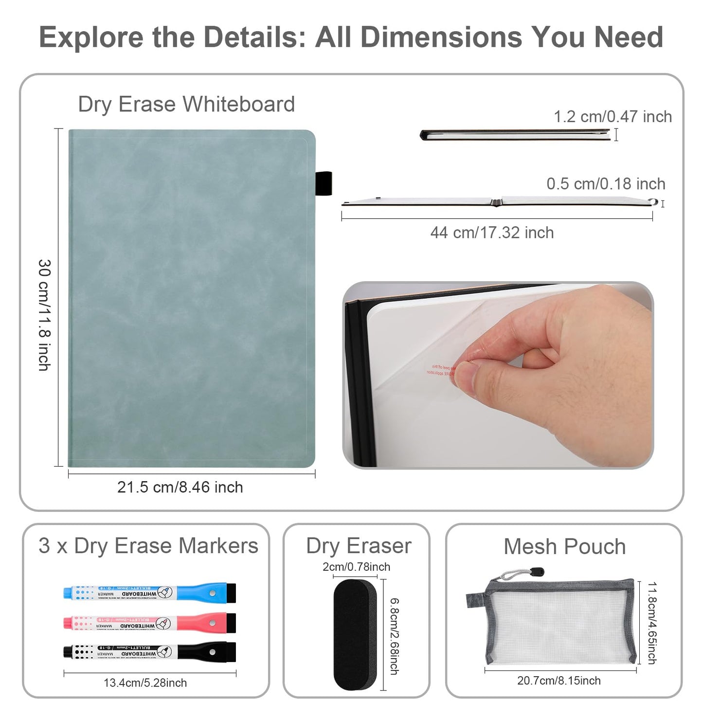 AGM Portable White Board Dry Erase Notebook, 12" x 9" Double Sided Folding Whiteboards with 3 Pens, Small Travel Dry Erase Board Skin-friendly Material for Study, Meeting, Planning, Ocean Blue