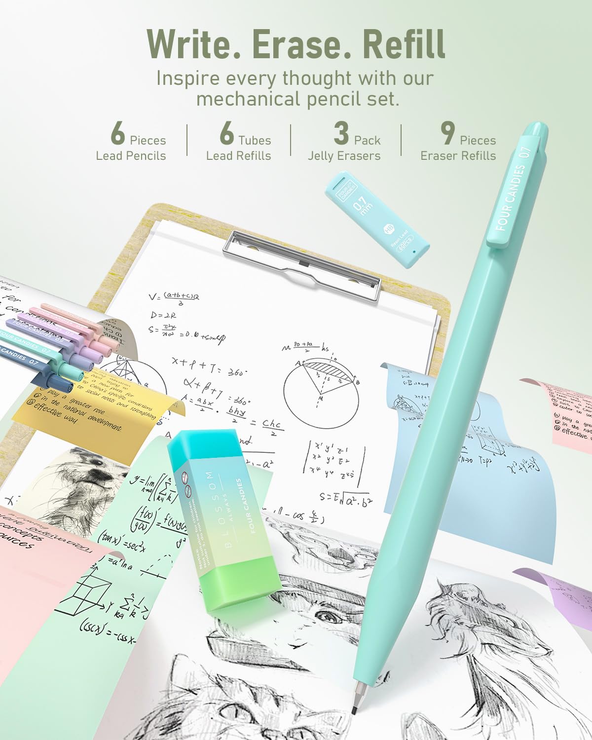 Four Candies 39 PCS Aesthetic Stationery Set with Cute Pen Case, College Supplies and Nursing Student Essentials, 12 Pastel Highlighters, 5 Black Gel Pens, 6 Mechanical Pencils, Green