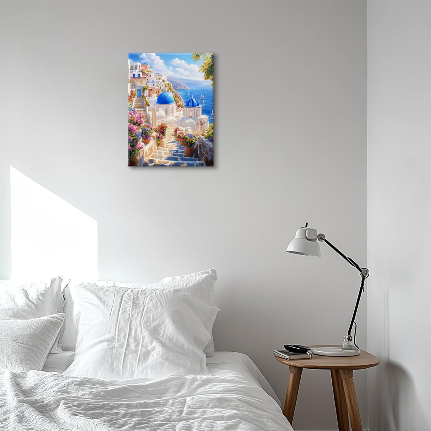 Greek wall art, Greece Santorini Pictures Wall Decor, Ocean Canvas Prints Painting, Framed Beach Artwork for Bathroom Bedroom Living Room Kitchen Dinning Room Office Home Decoration 12x16
