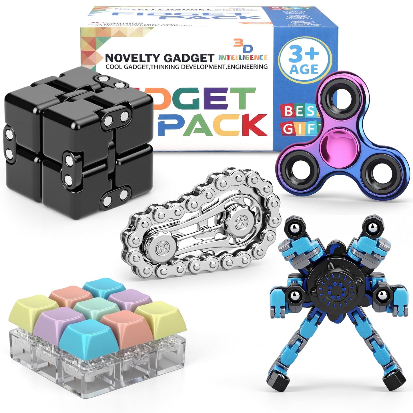 Fidget Toys Set for Adults, Sensory Pack with Fidget Spinner, Robot Spinner, Keyboard Clicker Toy, Fidget Pad, Stress Relief Desk Gadget for Office Classroom, for Boy Friend