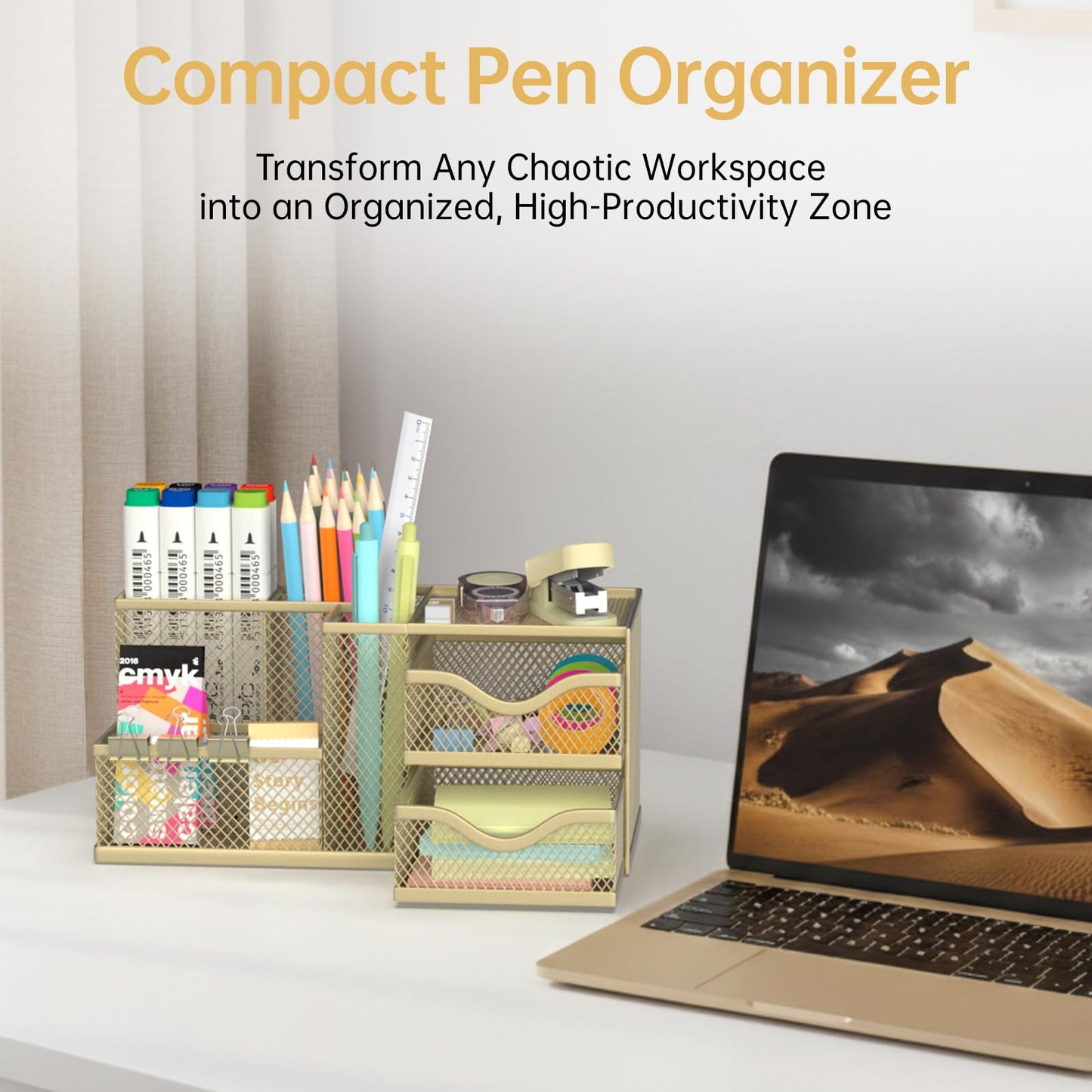 ReePlan Mesh Desk Organizer, Pen Organizer with 2 Drawers and 5 Compartments, Versatile Pen Holder for Small Space, Desk Organizers and Accessories for School Office Supplies, Gold
