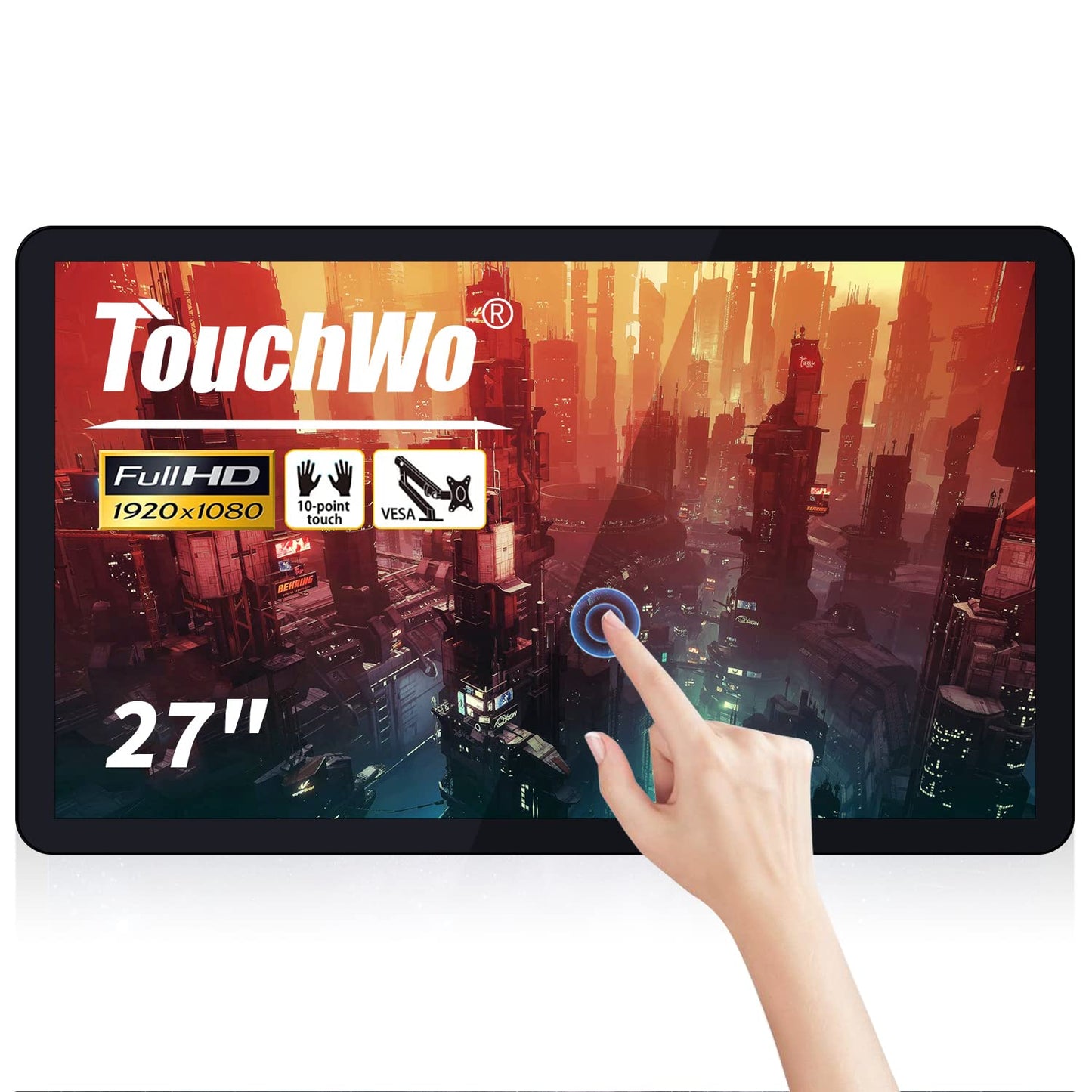 TouchWo 27 inch Capacitive Multi-Touch Screen Industrial Monitor, 16:9 Display 1920 x 1080P, Built-in Speakers, VGA, DVI & HDMI Monitor for PC, POS, Small Business, Restaurant