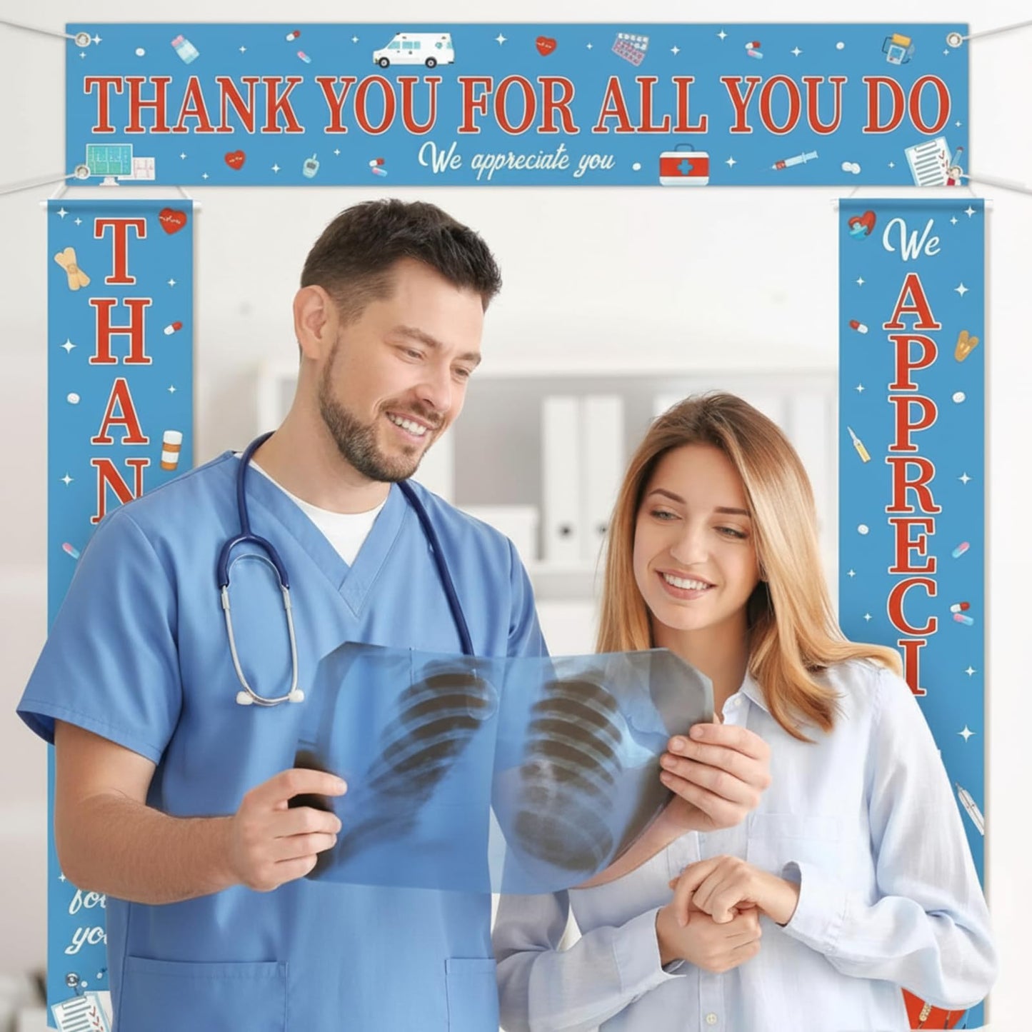 Fanfanwin 3 Pcs Thank You Nurse Doctor Banner We Appreciate Medical Decoration Thanks for All You Do Nurses Backdrop for Nursing RN Celebration Red Blue Hospital Healthcare Retirement Supplies