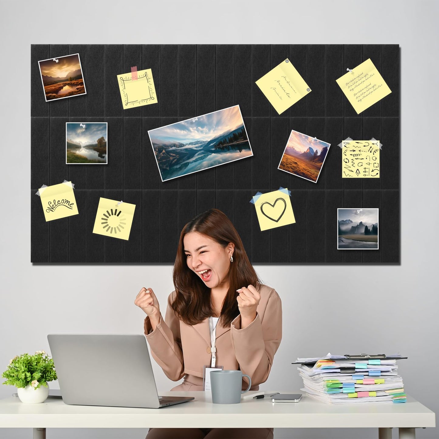 Large Felt Bulletin Board 59" x 35.5" 15 Pack Self-Adhesive Modular Felt Tiles, Cork Board Alternative for Wall, Acoustic Soundproof Panels for Home Office Classroom Decor with 50 Push Pins(Black)