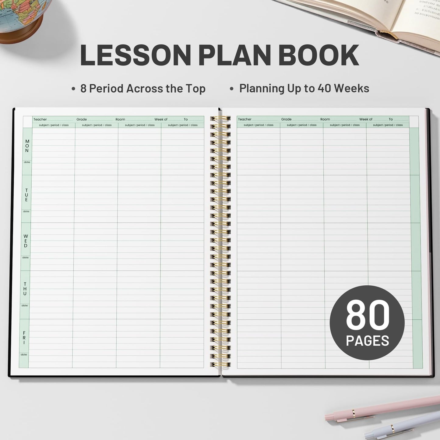 SUNEE 8 Period Teacher Lesson Plan Book - Days Vertically, Undated Teacher Planner 2026-2027 Academic Year, 8.5 x 11 Inch, 104 Pages/52 Sheets (40 Weeks), Waterproof Plastic Cover, Back Pocket, Black