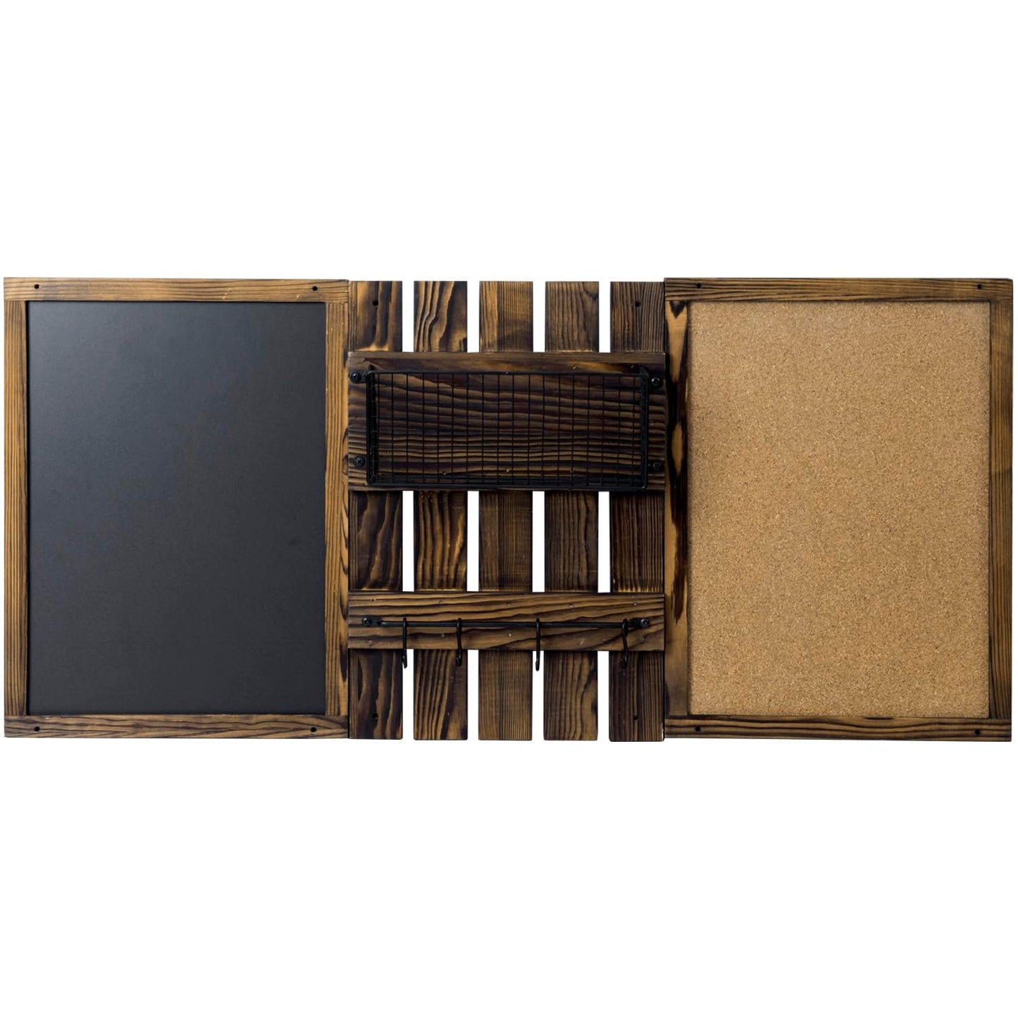 MyGift 3 Panel Wall Mounted Entryway Bulletin Board Combo Set with Rustic Burnt Solid Wood Frame with a Chalkboard, Cork Board, Black Metal Mail Basket, and Hanging Rail