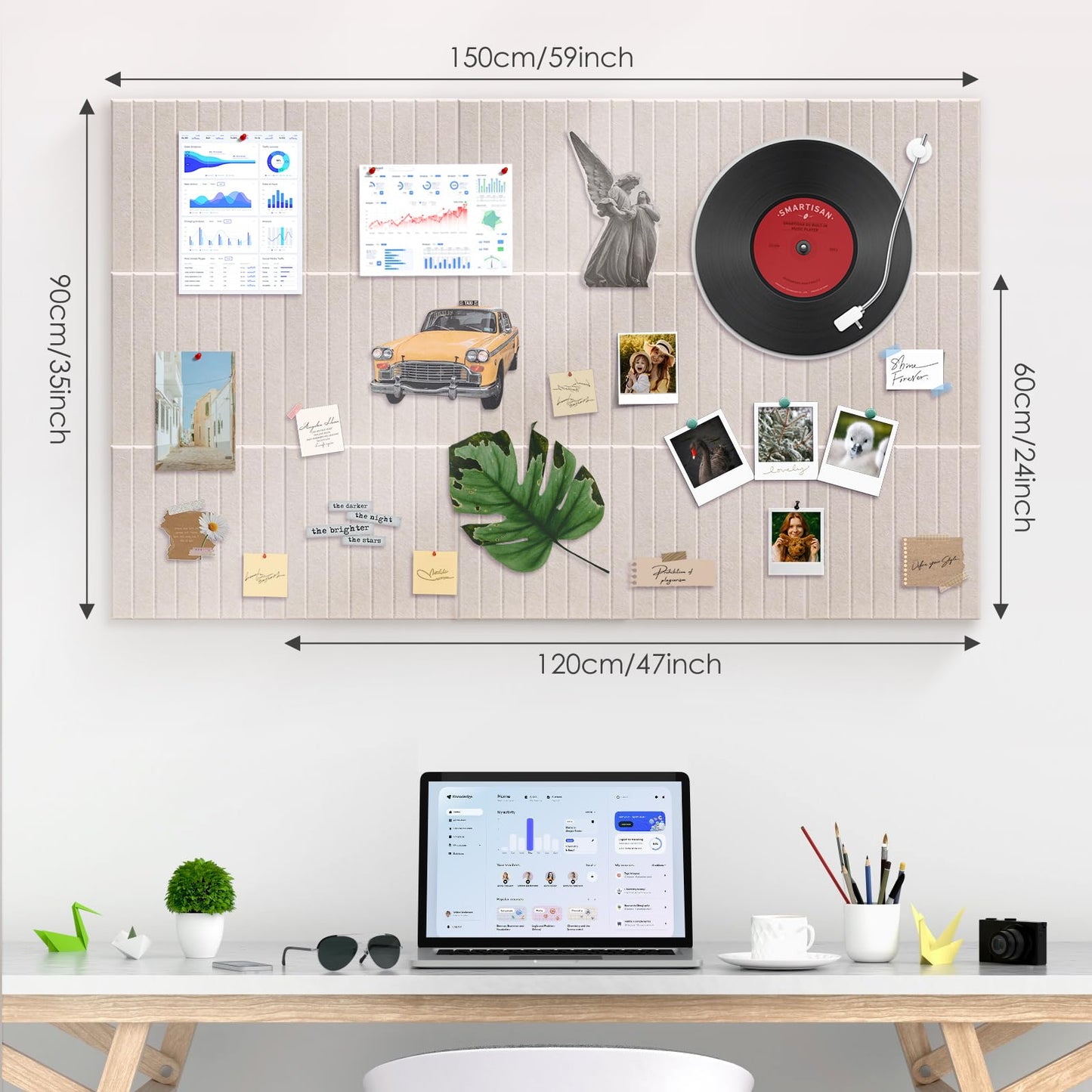 Bulletin Board 47" X 24" Cork Boards for Wall Alternative 8 Pack Oatmeal Fine-Stripe Felt Bulletin Board 48 Safe Adhesive 35 Push Pins for Office School Home Room Decor
