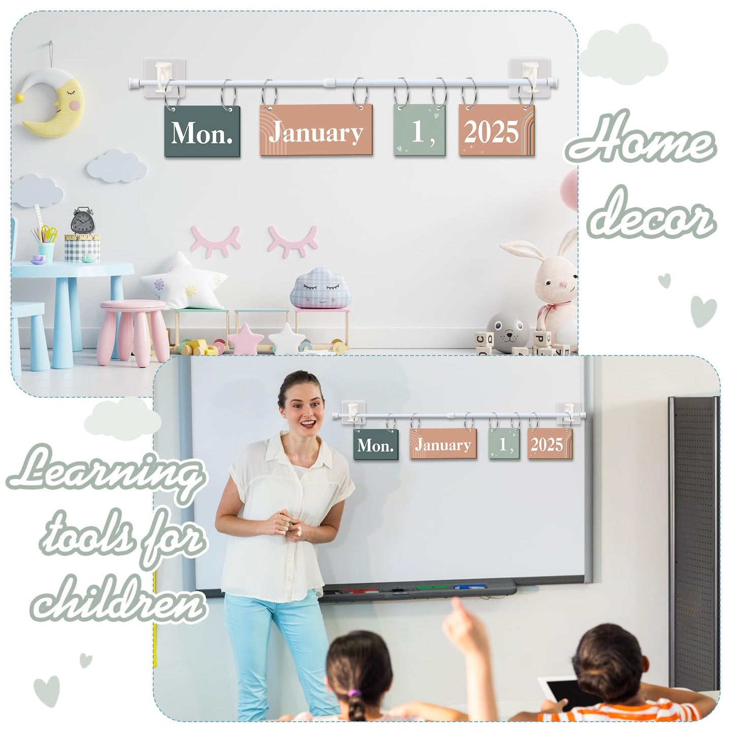 Containlol 56 Pcs Modern Boho Calendar Set Rainbow Flip Calendar with Holder Boho Classroom Decoration Cards Adjustable Rod Holder for Back to School Supplies