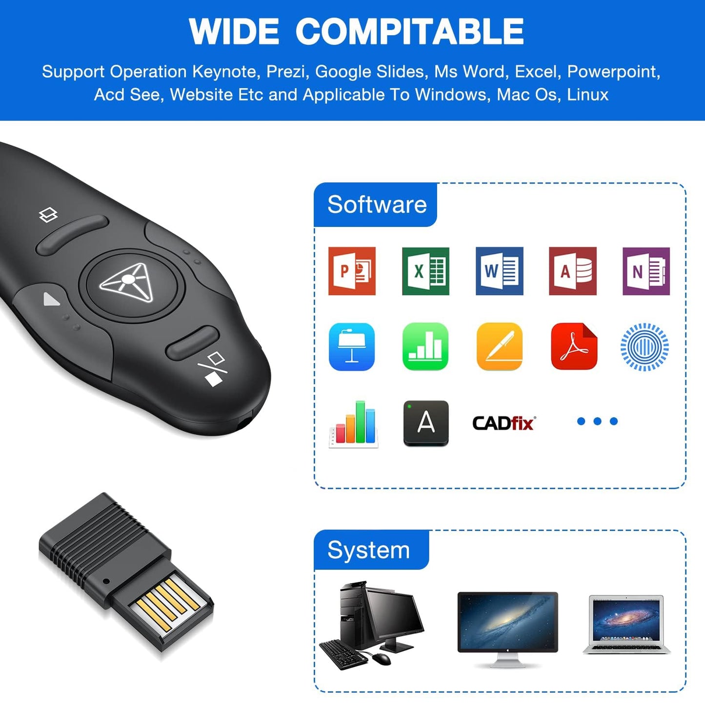 Presentation Clicker Wireless Presenter Remote USB Control Powerpoint PPT Clicker, Clicker RF 2.4GHz Presenter Remote Google Slide Advancer Powerpoint Clicker for Computer/Laptop/Mac/Keynote