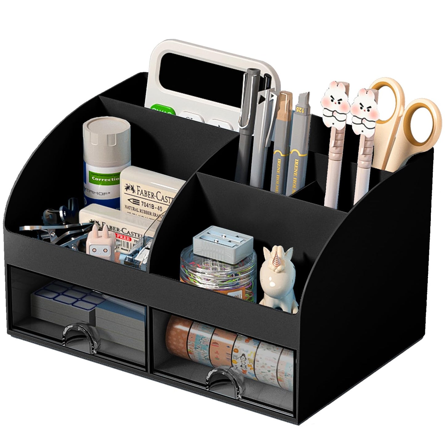 COMFYROOM Desk Organizer with 6 Compartments and 2 Drawers, Plastic Makeup Organizer, Pen Holder for Desktop Storage, Desk Organization for School, Home, Office Supplies (Black)