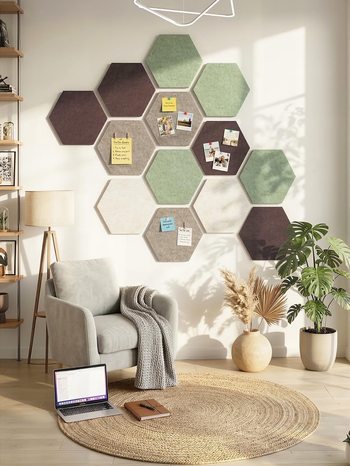 Uoisaiko 8 Pack Hexagon Felt Bulletin Board Tiles - 12" Large Thick Pin Board for Walls with 30 Push Pins, DIY Boards for Office Home School Decor, Aesthetic Hex Cork Board Alternative