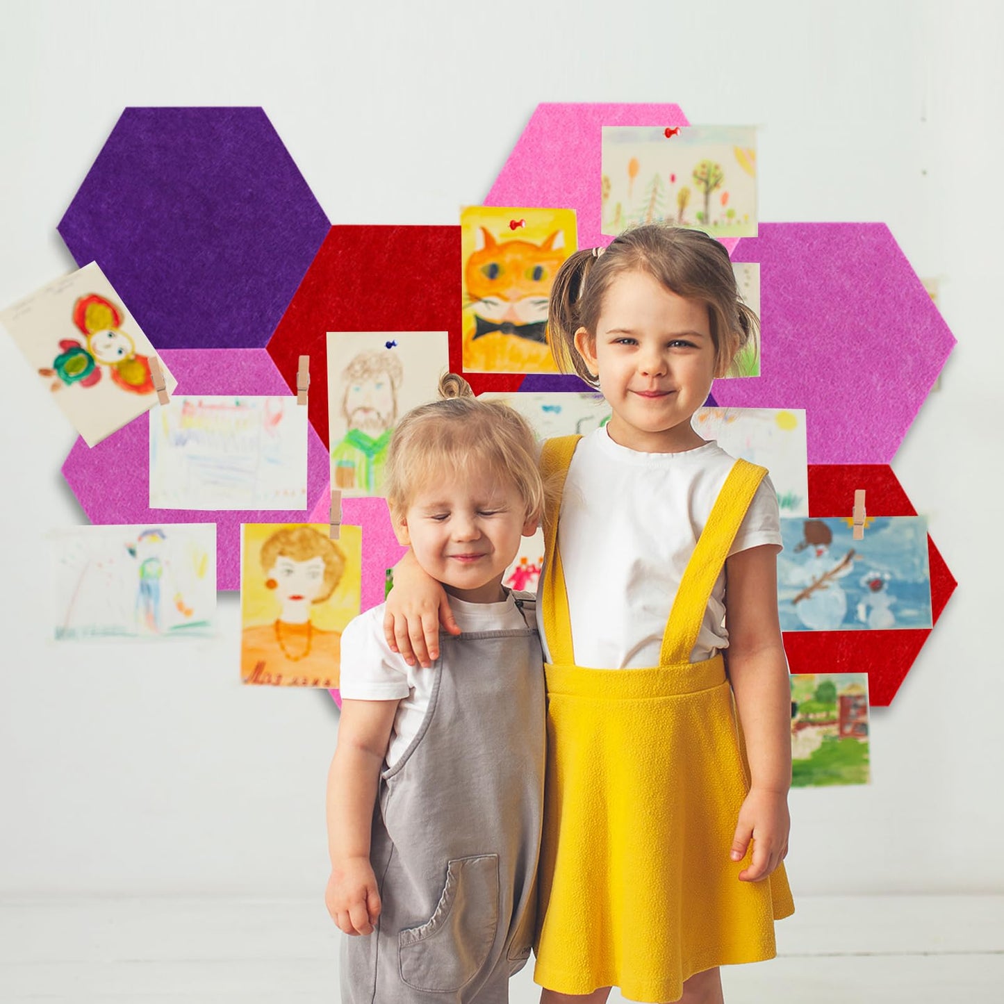 Vuzvuv 8 Pcs Hexagon Bulletin Board with 50 Pushpins & 10 Wooden Clip Pins Adhesive Cork Board for Wall，Felt Pin Board for School，Office Decor（Deep Purple）