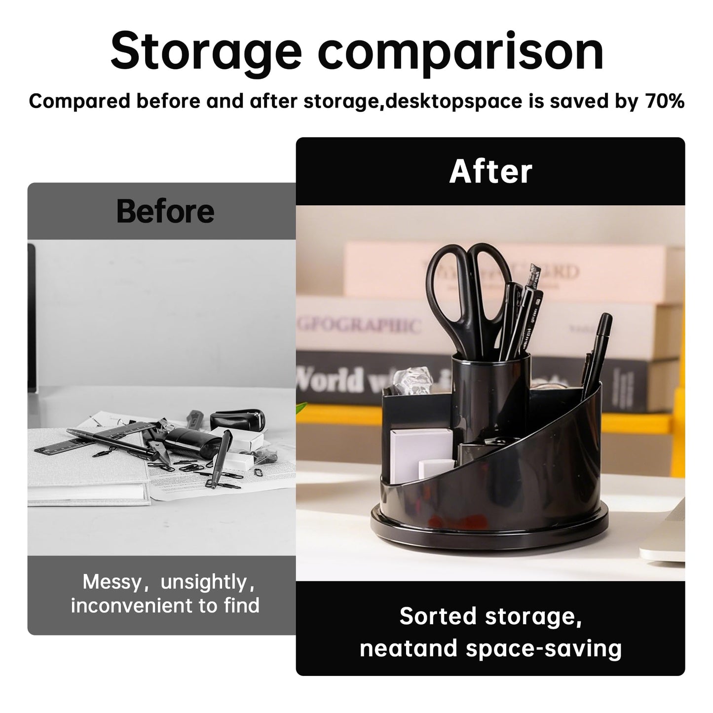 deli Office Supplies Set, 1045 Pcs-Desk Accessory Organizer Kit, Stapler Set, Rotating Multi-Functional Pen Holder, Tape Dispenser, Pens, Binder Clips, Sharpener, Scissor, Eraser, Black