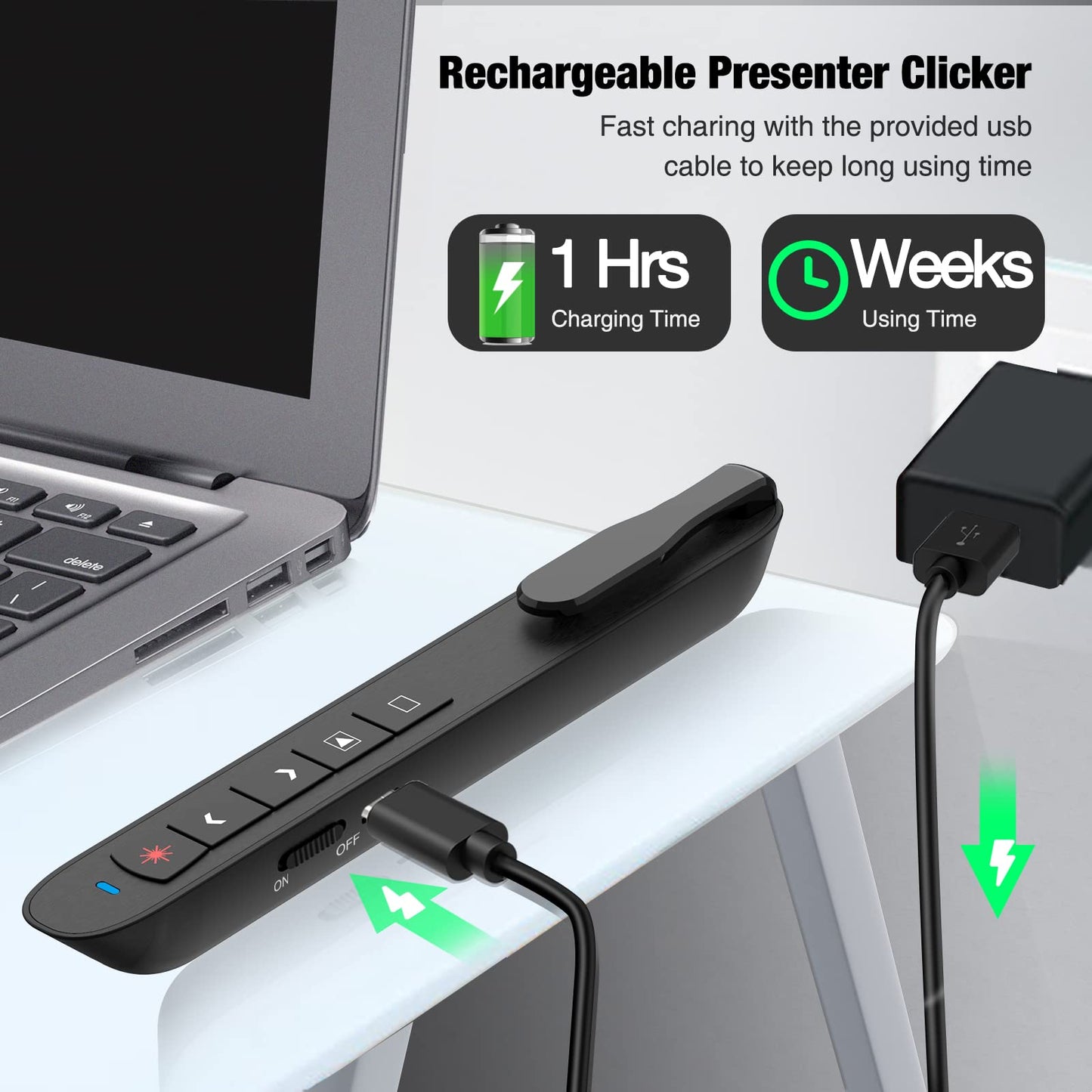 Green Light Clicker for Teachers–USB-C Rechargeable Presentation Clicker, Plug & Play Wireless Remote for PowerPoint/Keynote/Google Slides on Mac, Windows & Laptop, with Hyperlink & Volume Control
