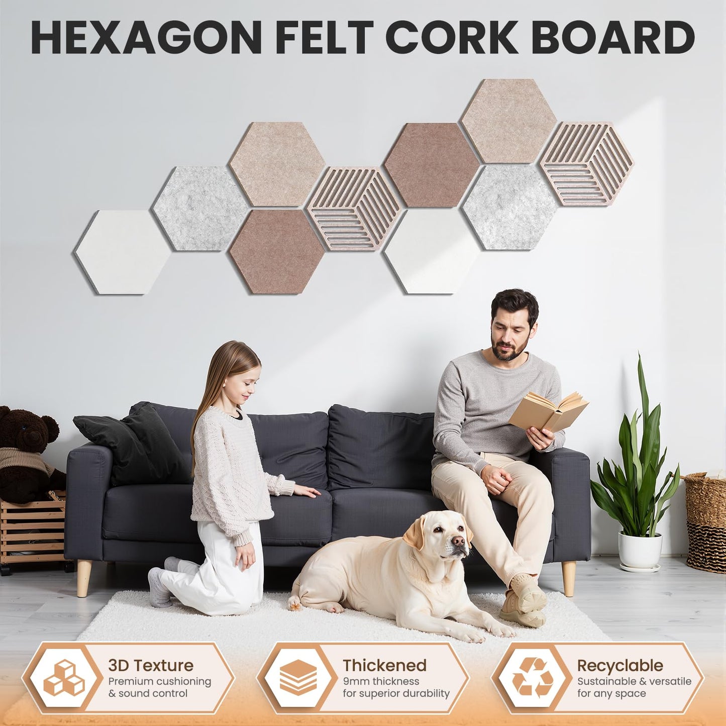 Hexagon Cork Bulletin Boards for Walls Decor, 10 Pack Felt Board Tiles with 25 Push Pins, Photo Display Board for Office & Home Classroom DIY Decor