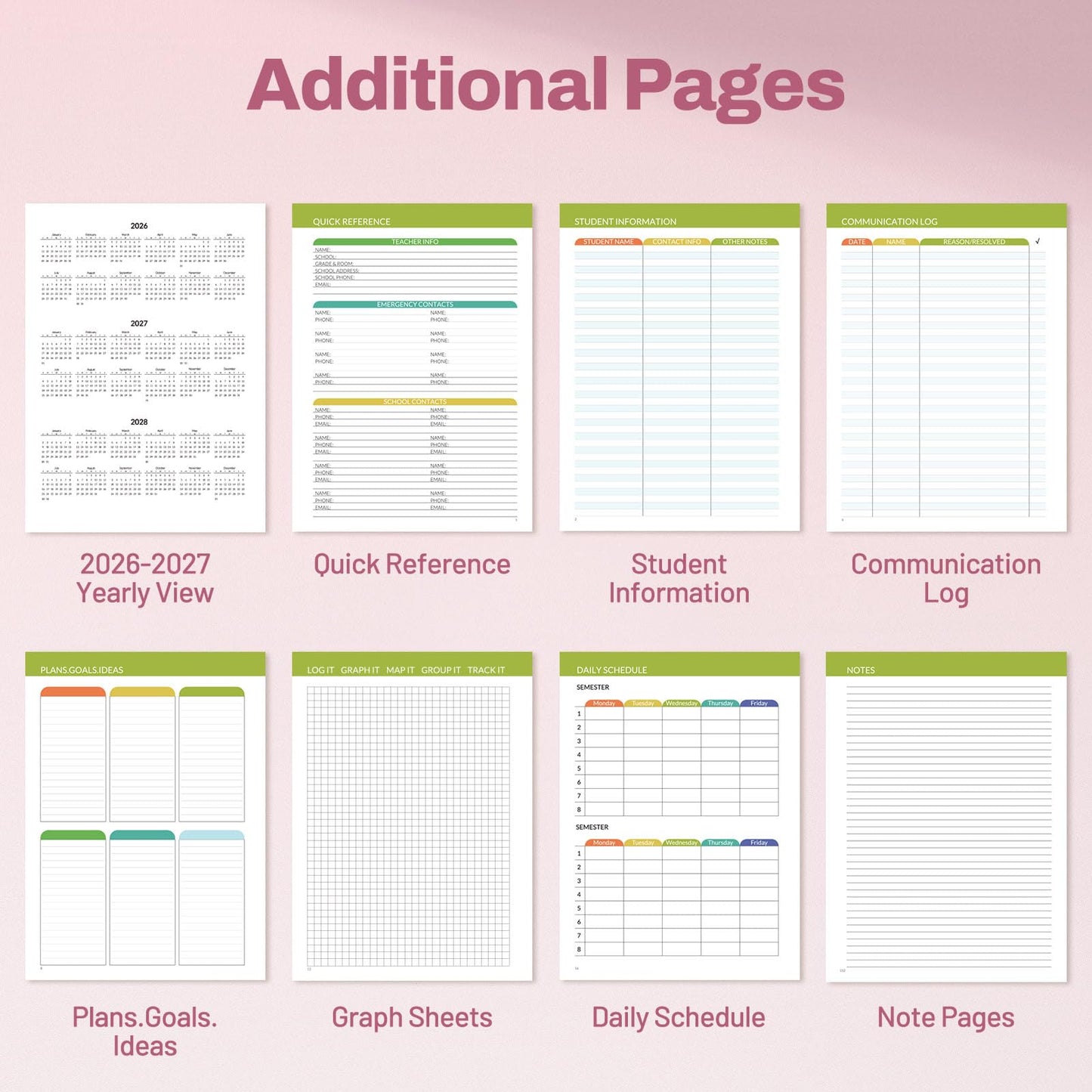 SUNEE Teacher Planner 2026-2027 Academic Year, 7 Periods Lesson Plan Book Jul 2026 - Jun 2027, 8.5"x11"Daily Weekly Monthly Organizers Horizontal Layout with Calendars, Bookmark, Tabs, Pocket, Peony
