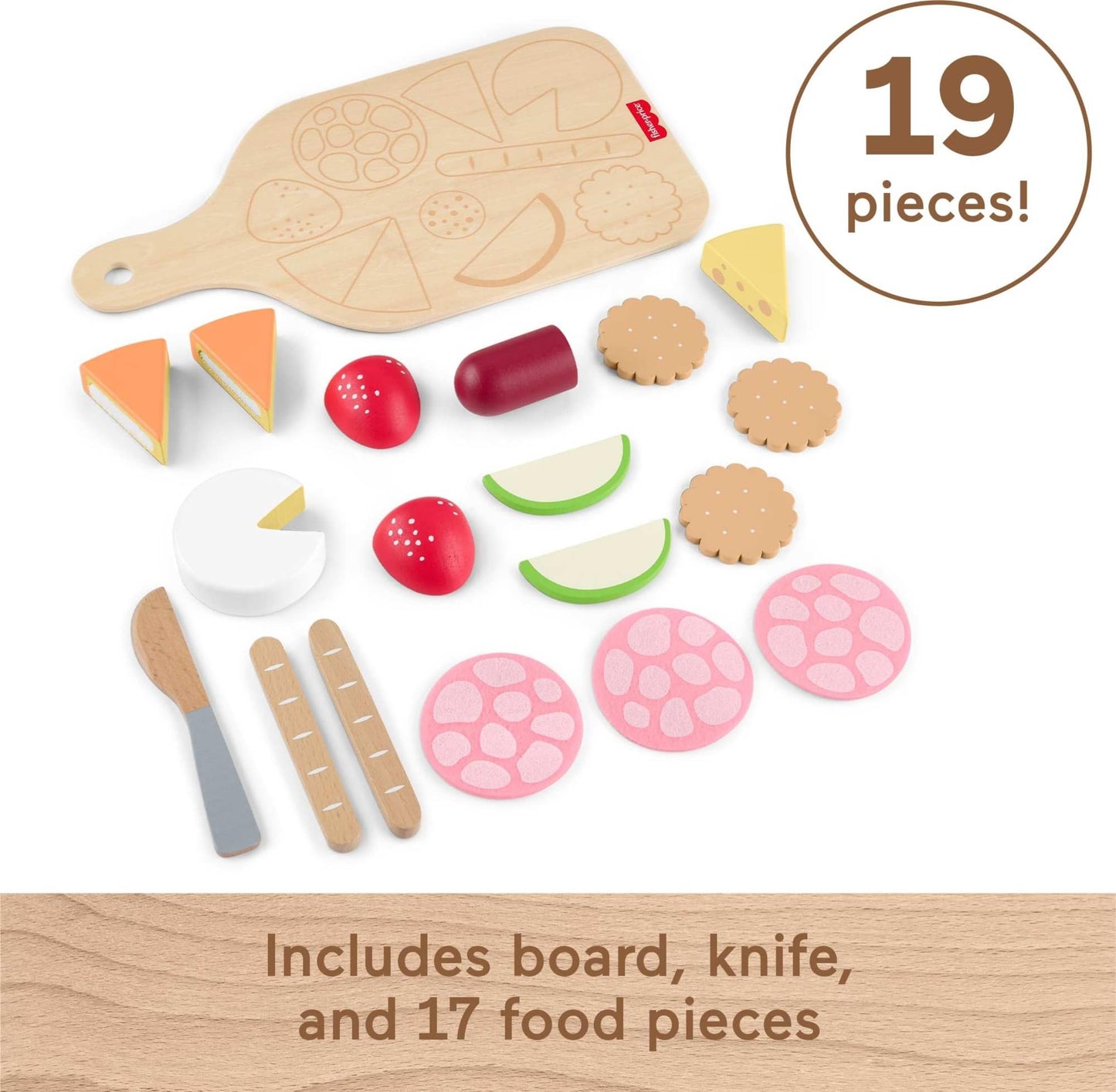 Fisher-Price Wood Pretend Play Toy Charcuterie Board Set, 19-Piece Playset with Wood & Fabric Food for Preschool Kids Ages 3+ Years