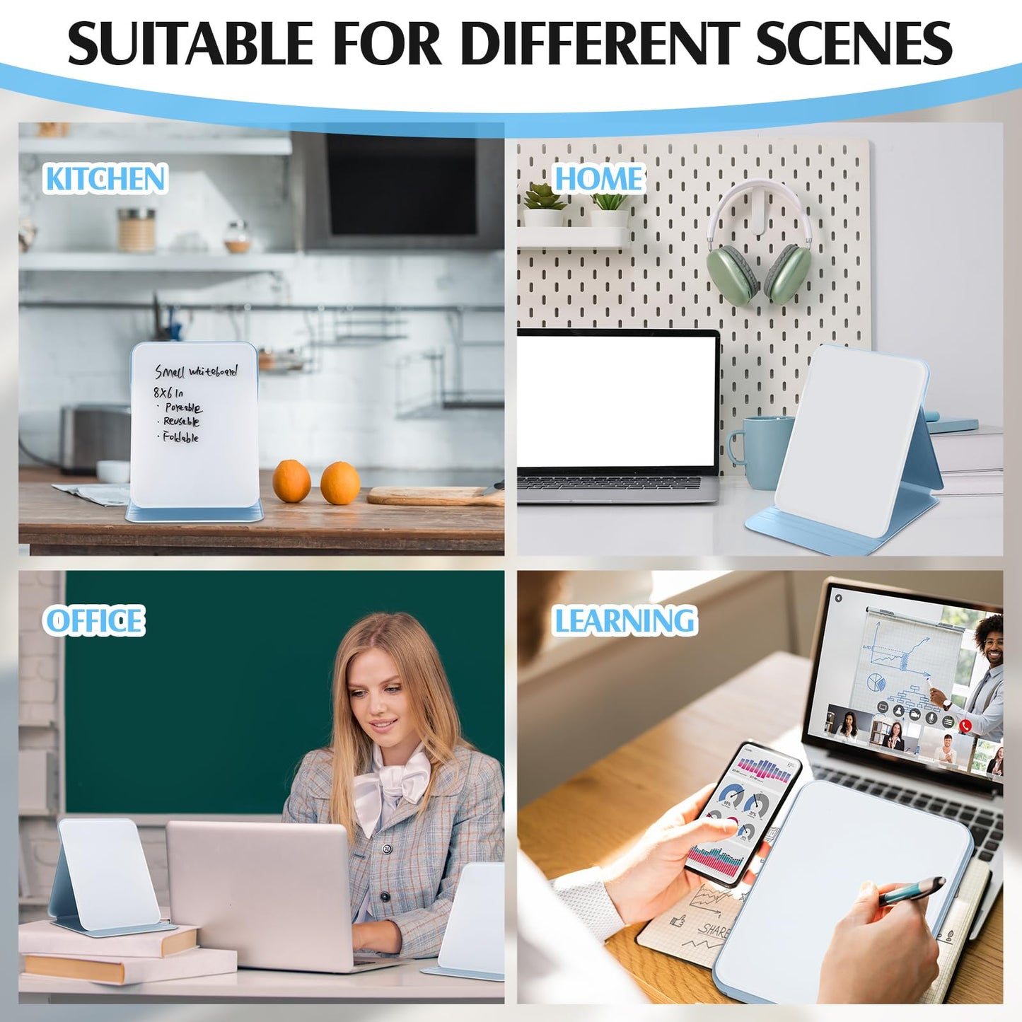 Dunzoom 2 Sets 4 Pcs Small Glass Desktop Whiteboard with Reversable Stand 8x6 Inch Mini Dry Erase White Board Easel with 2 Markers Reusable Desk Notepad for Home Office School Supplies (Blue)
