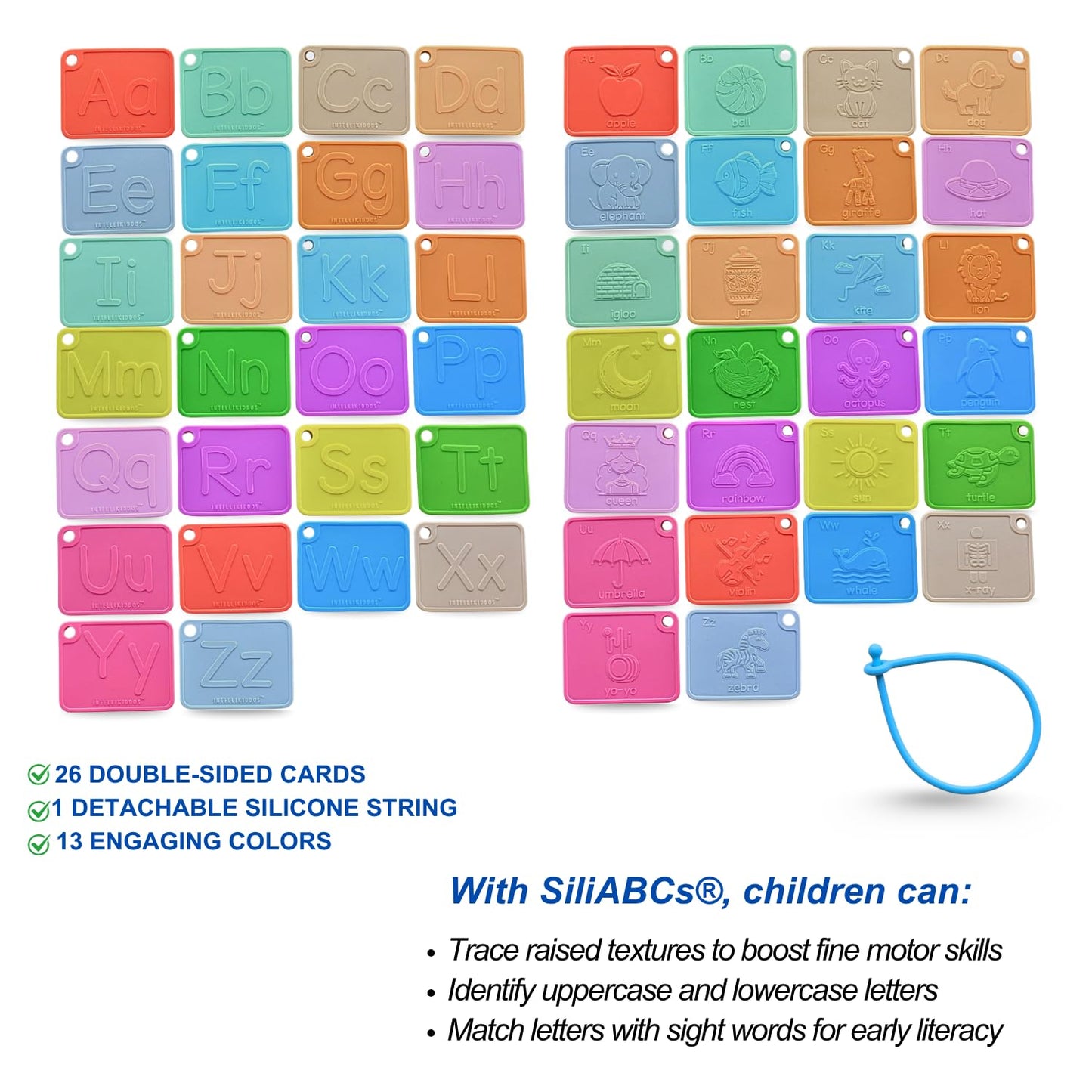INTELLIKIDDOS SiliABCs Alphabet Flash Cards, Non-Toxic Silicone Alphabet Flash Cards for Toddlers 1-3, Montessori Toddler Preschool Alphabet Learning Activities, Dishwasher Safe Soft Baby ABC Cards