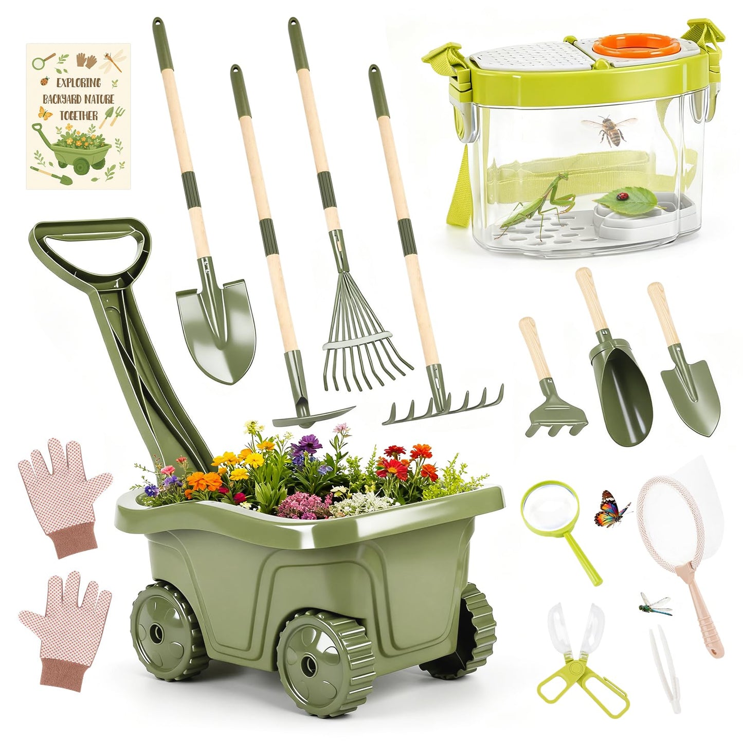 Dreamon Kids Gardening Tools & Bug Catcher Kit, 2-in-1 Outdoor Toys with Wheelbarrow and Bug House, STEM Educational Toys for 3 Year Old, Birthday Gifts Outdoor Gifts for Kids 3-5, Green