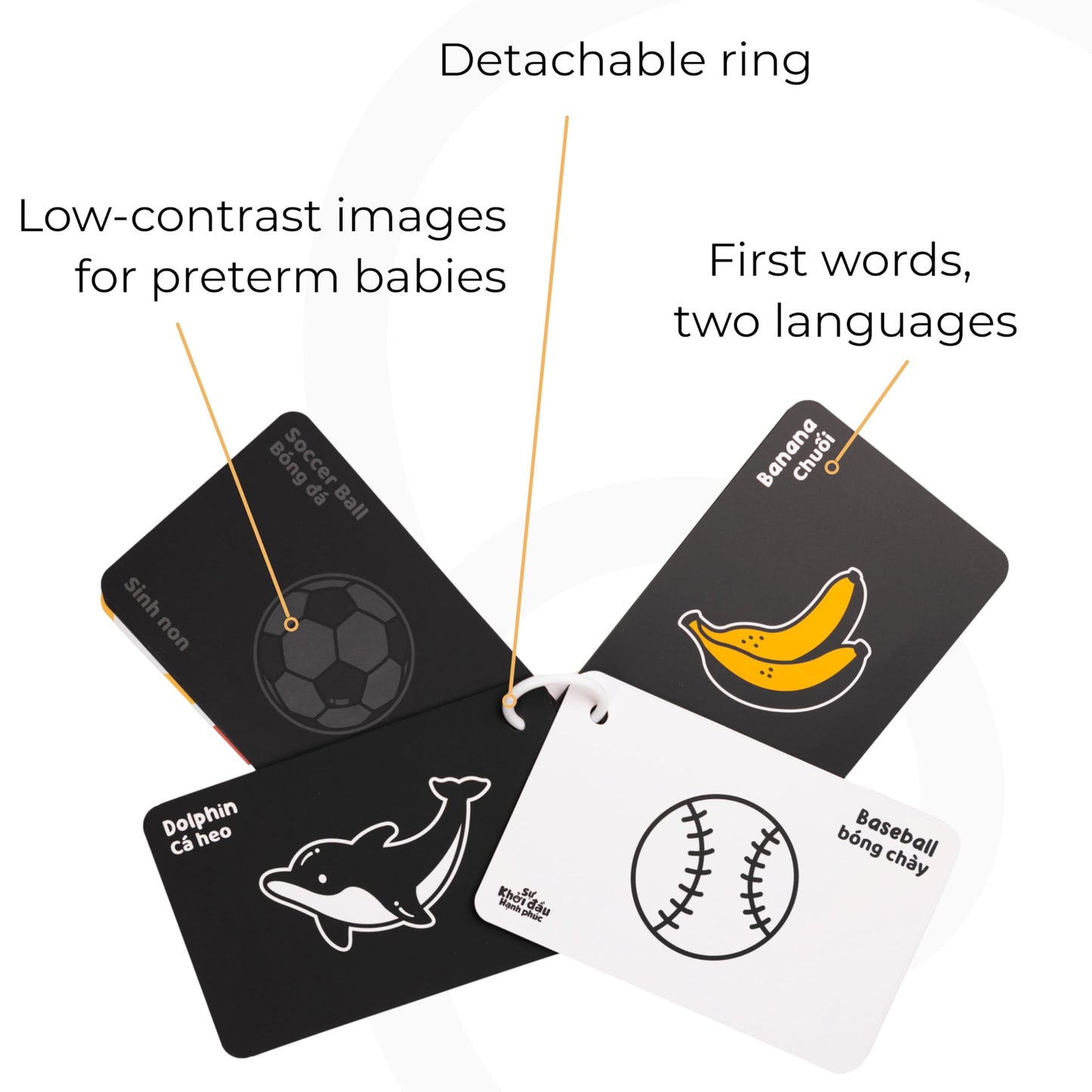 Happy Start High Contrast Baby Cards for Newborns - Black & White Cards, Water-Resistant, BPA-Free, Portable Educational Flashcards for Visual Stimulation, Award-Winning, Ages 0+(English & Vietnamese)