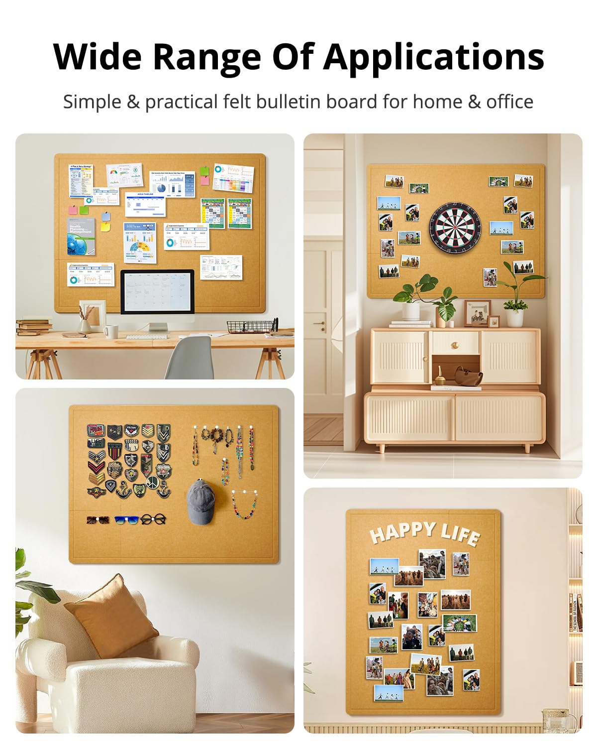 Woovio Bulletin Board, 48 x 36 inches Cork Board Alternative, 12 Pack Felt Pin Boards for Walls Home Office Decor, Classroom with 60 Adhesive Tabs Longan Yellow