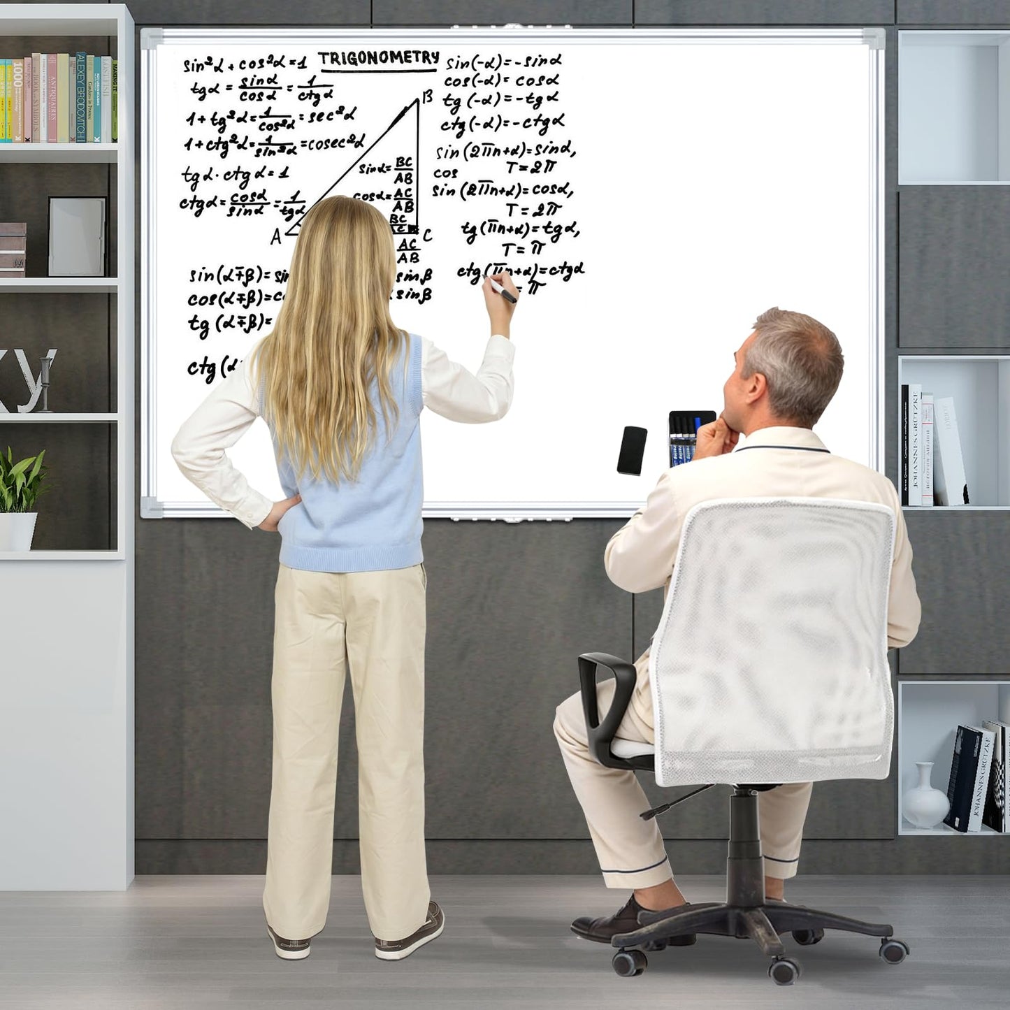 Offi-eqp Magnetic Dry Erase Board 60x40 Inches, Foldable Whiteboard with Silver Frame for Classroom, Office and Home - 5x3.5 Ft, Non-Glare Surface, Full Magnetic Accessory Kit Included