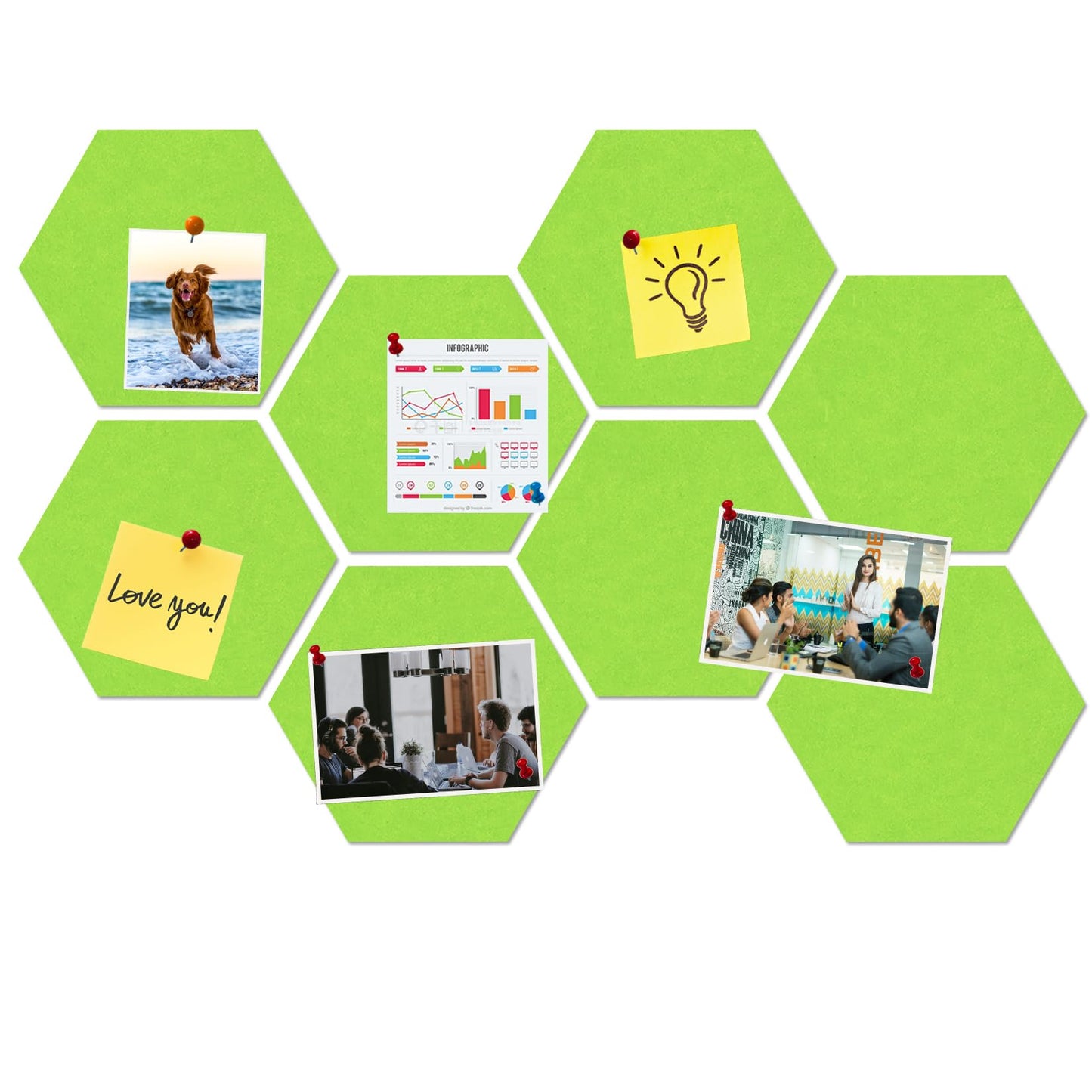 HULAVO Large Hexagon Felt Cork Board Tiles, Self Adhesive DIY Felt Bulletin Board Pin Board with 35 Pushpins for Office School Home Wall Decor Stickers Memos Photos Display(Bright Green)