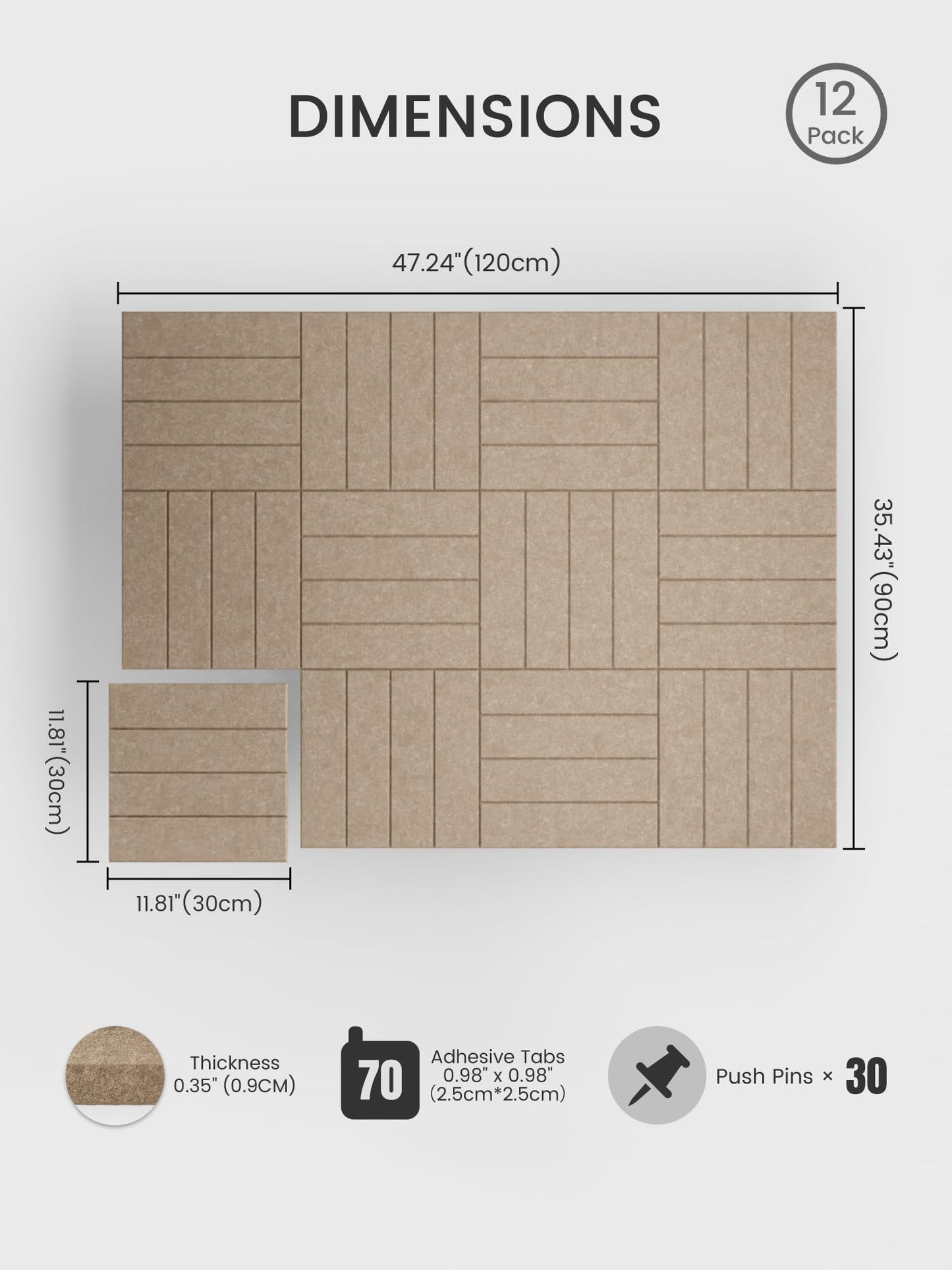 Bumusty Large Cork Board Alternative-48 x 36" Felt Bulletin Board Tiles, with 30 Pushpins, 70 Adhesive Tabs, Bold-Stripe 12-Pack, Cork Boards for Office Push Pin Board Felt Board-Taupe