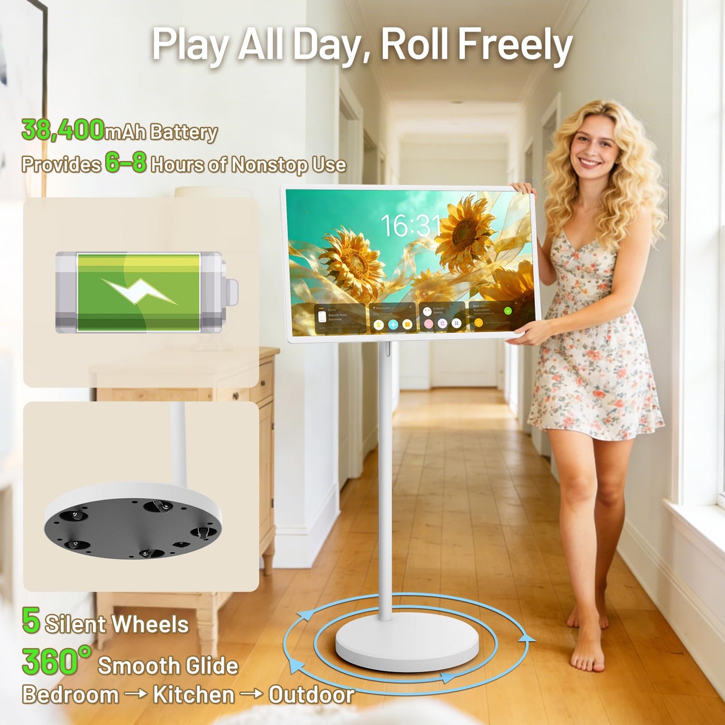 KEFEYA 32-Inch Portable Smart TV, Rolling TV on Wheels, Android 15 OS, 8G RAM + 128G Storage, 1080P Full HD Touch Screen Monitor, 6–8 Hour Built‑in Battery, Full Swivel Rotation, Voice Remote Control