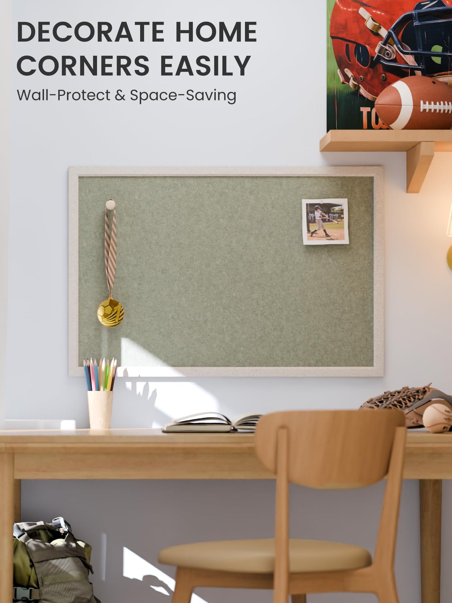 Fluxynara Foldable Cork Board Alternative, Felt Bulletin Board 35.4" x 23.6" Oatmeal Frame with 24 Adhesive Tabs, Pin Board for Home Office, Classroom, Entryway, Kitchen Wall Decor—Sage
