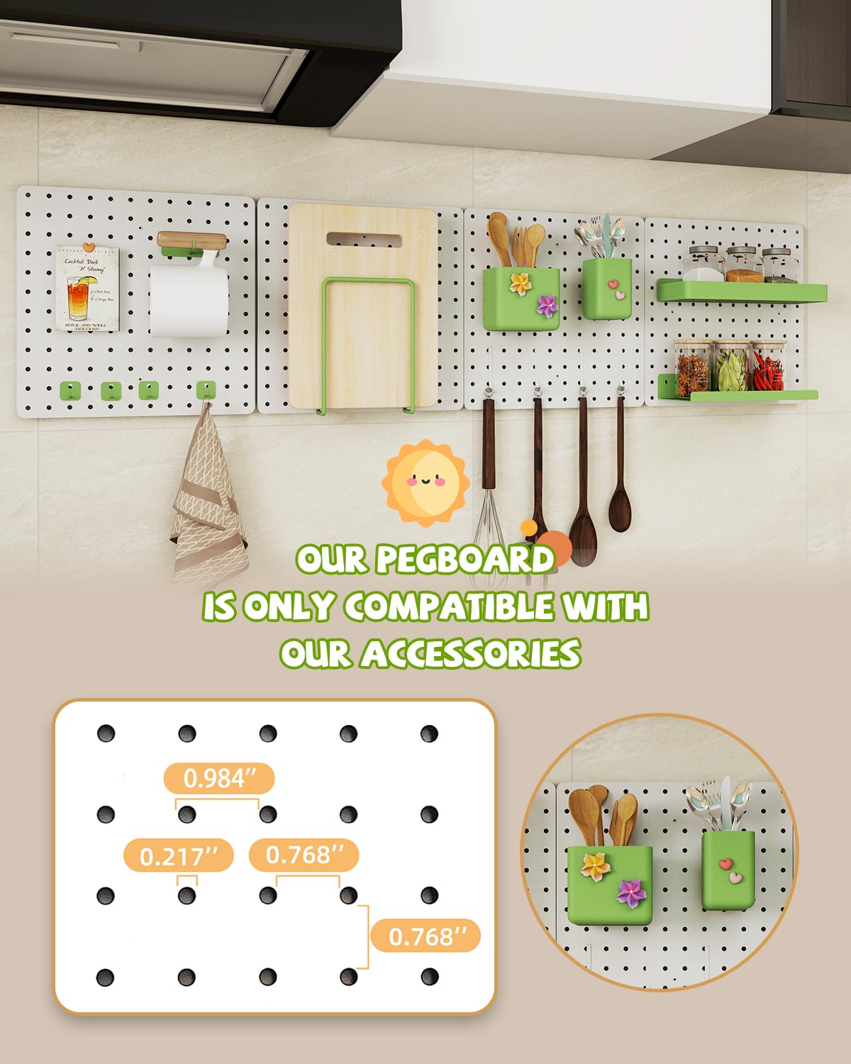 Soubeoii Metal Pegboard Combination Kit — 4 Carbon Steel Pegboards with 26 Accessories, Pegboard Wall Organizer for Home, Office, Study Room, Kitchen, Garage & Craft Room — 24″ × 24″ White Peg Board
