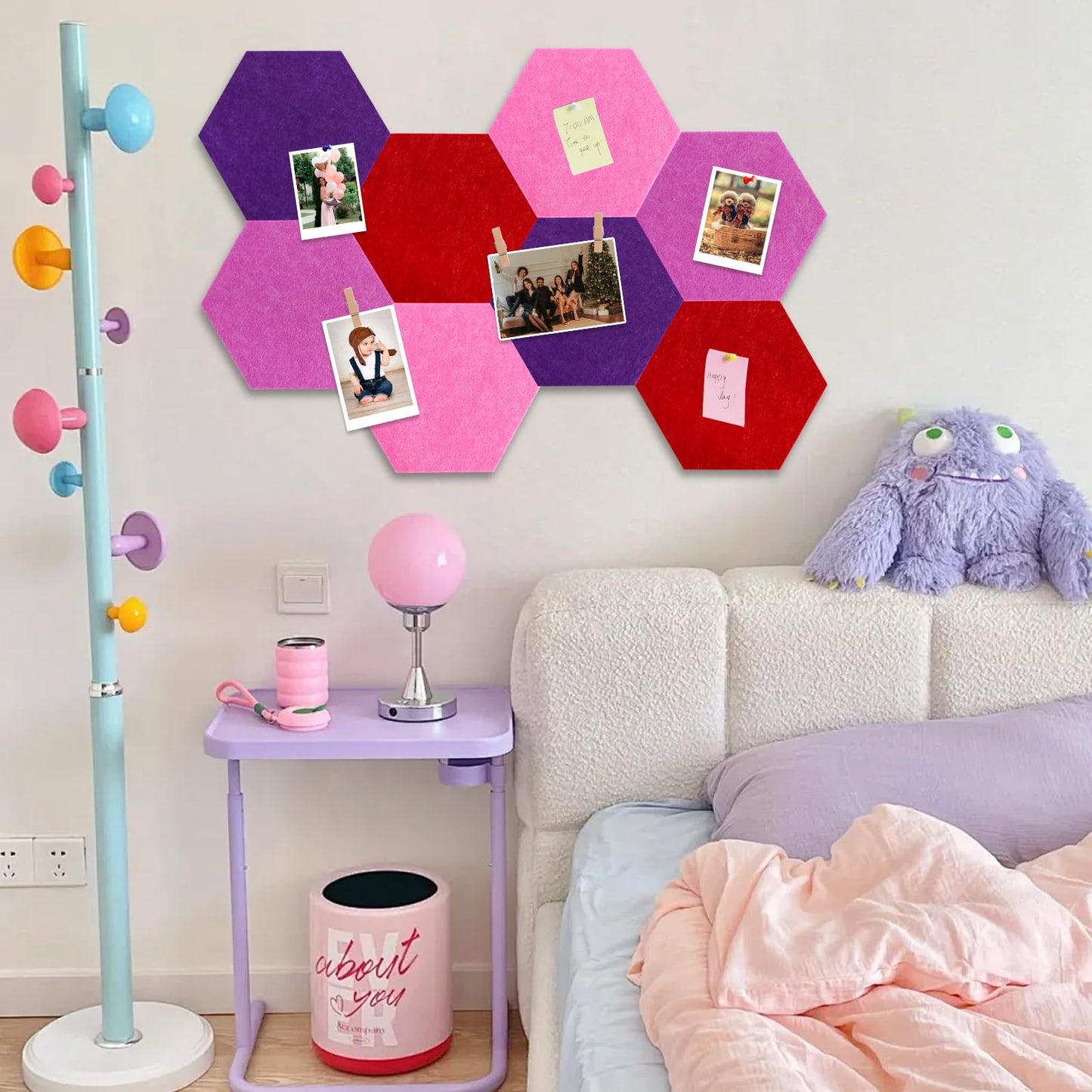 Vuzvuv 8 Pcs Hexagon Bulletin Board with 50 Pushpins & 10 Wooden Clip Pins Adhesive Cork Board for Wall，Felt Pin Board for School，Office Decor（Deep Purple）