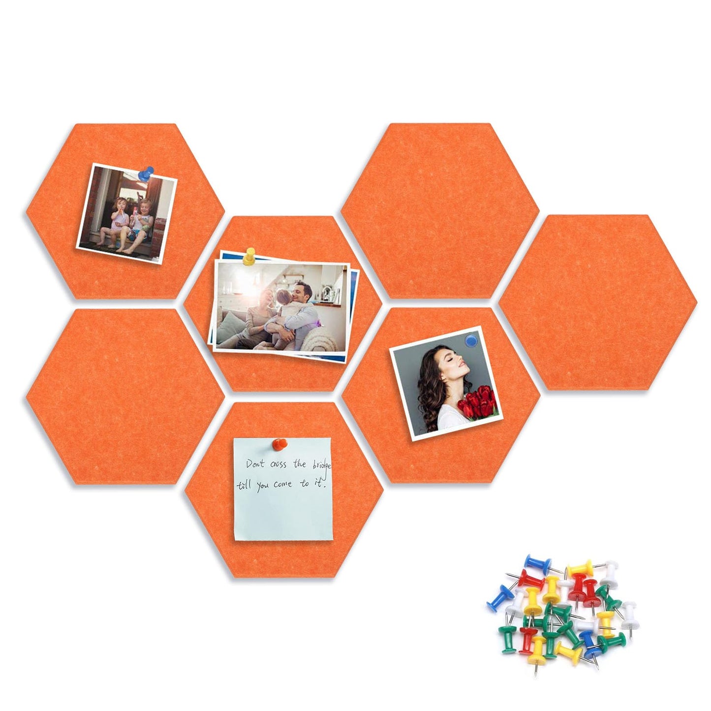 8 Packs Hexagon Felt Pin Board, 12" Bulletin Board with 30 Push Pins, Felt Board for Home Kitchen Office Decor, Self-Adhesive Corkboard Tiles for Walls School Message Photos Memos-Orange