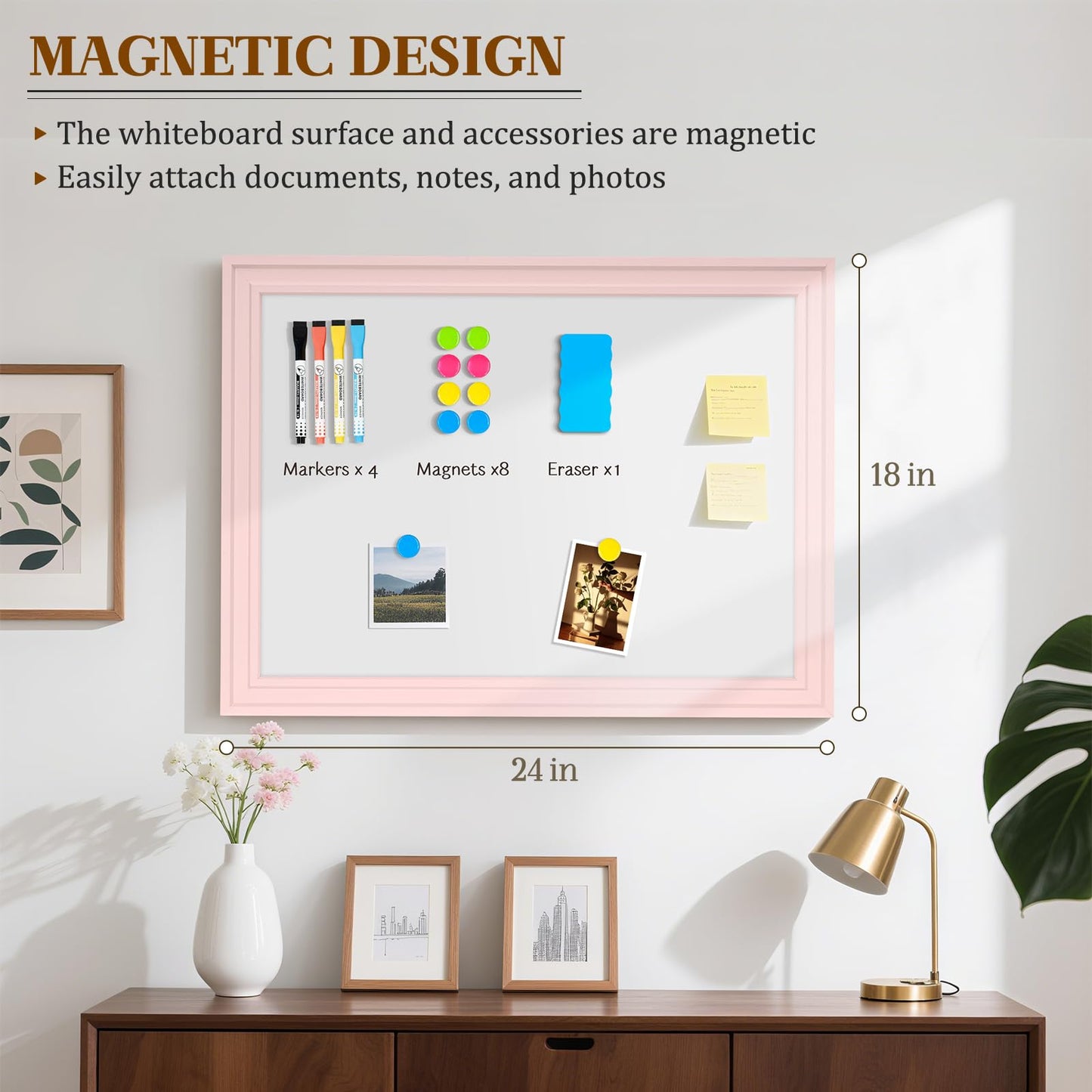 QUEENLINK White Board for Wall, 24'' x 18'' Magnetic Dry Erase Board, Decorative Whiteboard with Pink Wooden Frame, Hanging Writing Board for Home Office School Dorm