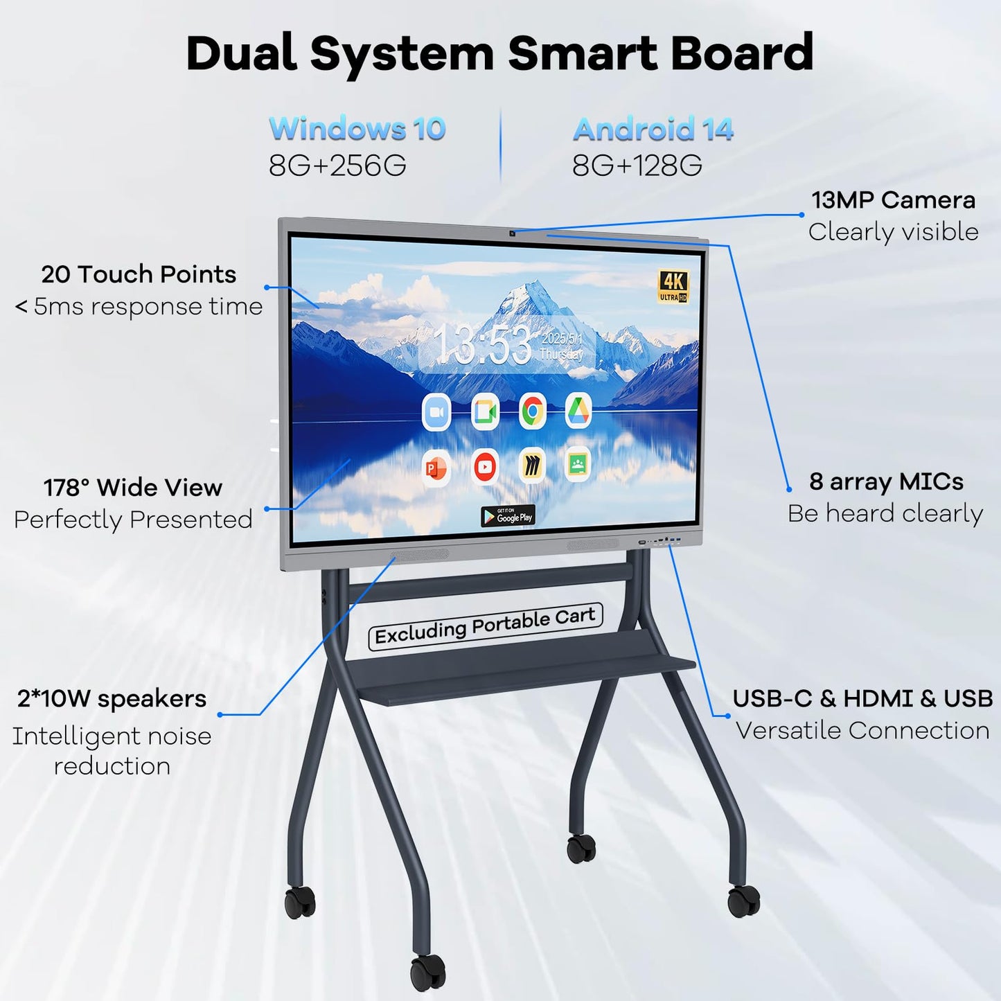 HLEC 55" Interactive Smart Board, 4K UHD Touchscreen Digital Whiteboard, Electronic All-in-One Computer for Classroom Home Office Studio Display, 20-Touch 13MP Camera(Wall Mount Included)