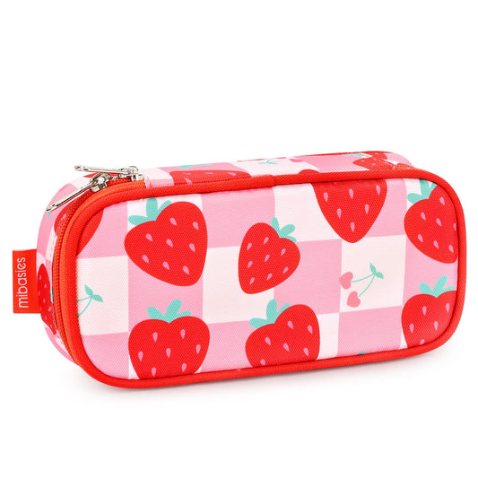 mibasies Girls Pencil Case for Kids, Multi-Slot Pencil Pouch, Strawberry Checkerboard Red