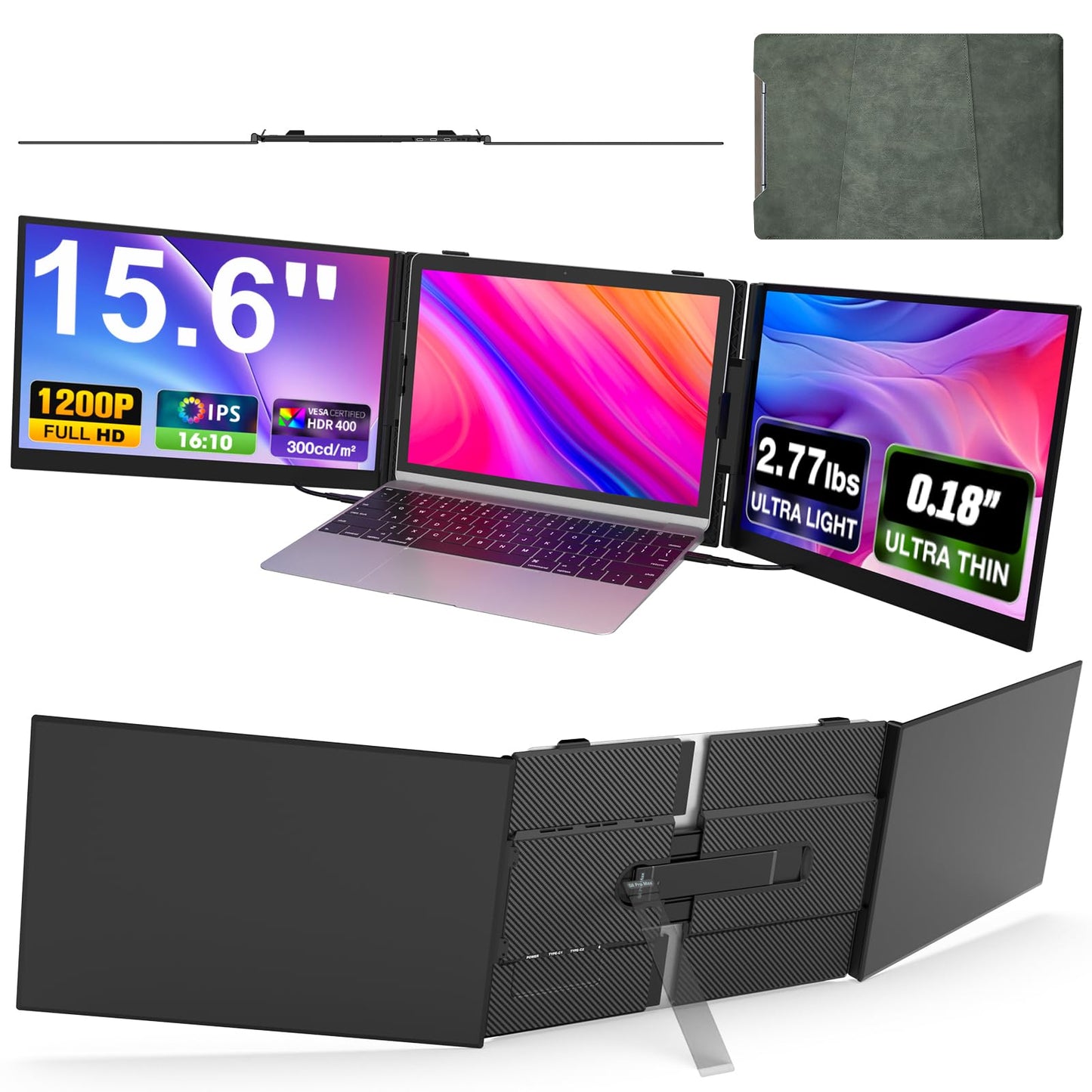 Laptop Screen Extender, Ultra-Thin 15.6" FHD 1200P 16:10 Portable Monitor for Laptop, Lightweight Travel Monitor Extender Plug & Play for 14.2"-17.3" Laptops, Compatible with Wins/Mac/Android/Chrome