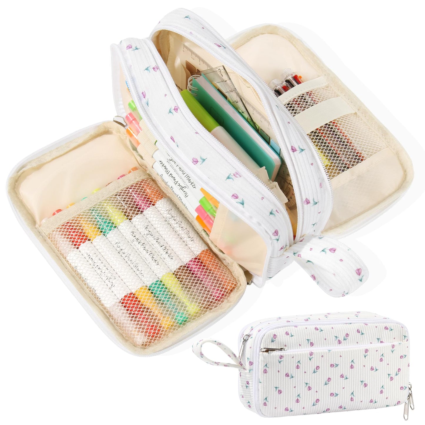 BuyCard Big Capacity Pencil Case, Corduroy Fabric, White with Purple Floral Pattern, Pencil Bag with Zipper Closure, Graduation Gift Office Stationery Storage Pen Pouch