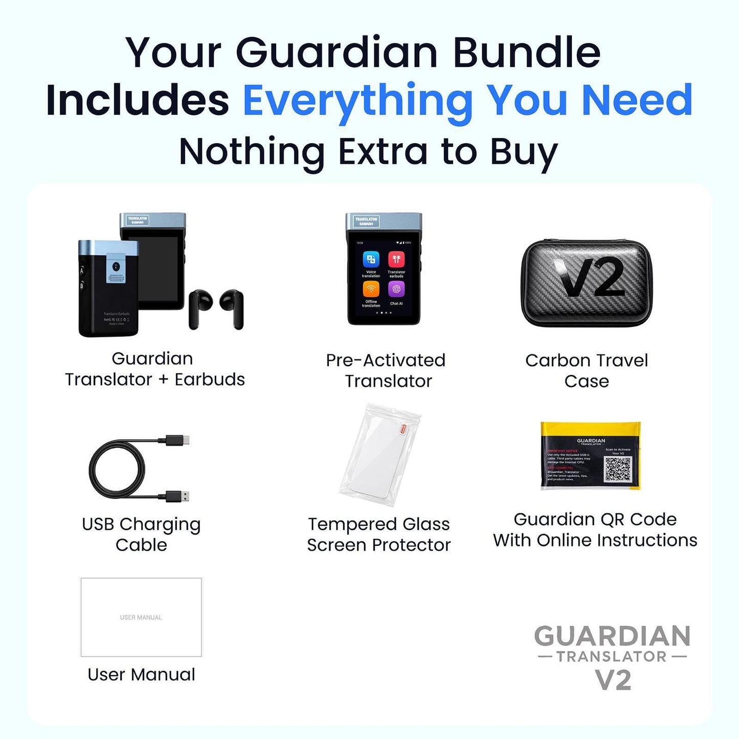 Guardian Translator V2 — AI Translator Device with Earbuds | Real-Time Two-Way Voice & Camera Translation | 144 Languages | Built-in ChatGPT | No Subscription | Travel, Business, Education