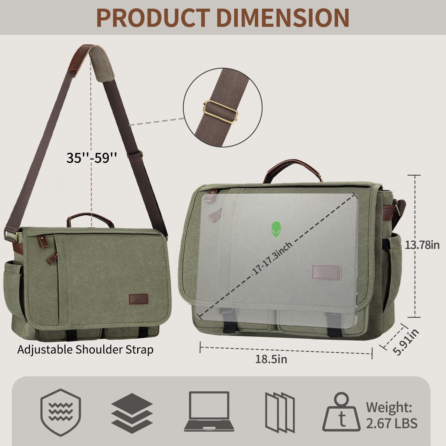 ESTARER Messenger Bag 17.3 Inch, Mens Computer Bag Water-resistant Canvas, Laptop Bag Satchel Briefcase for Teacher/College/Work/Travel, Army Green