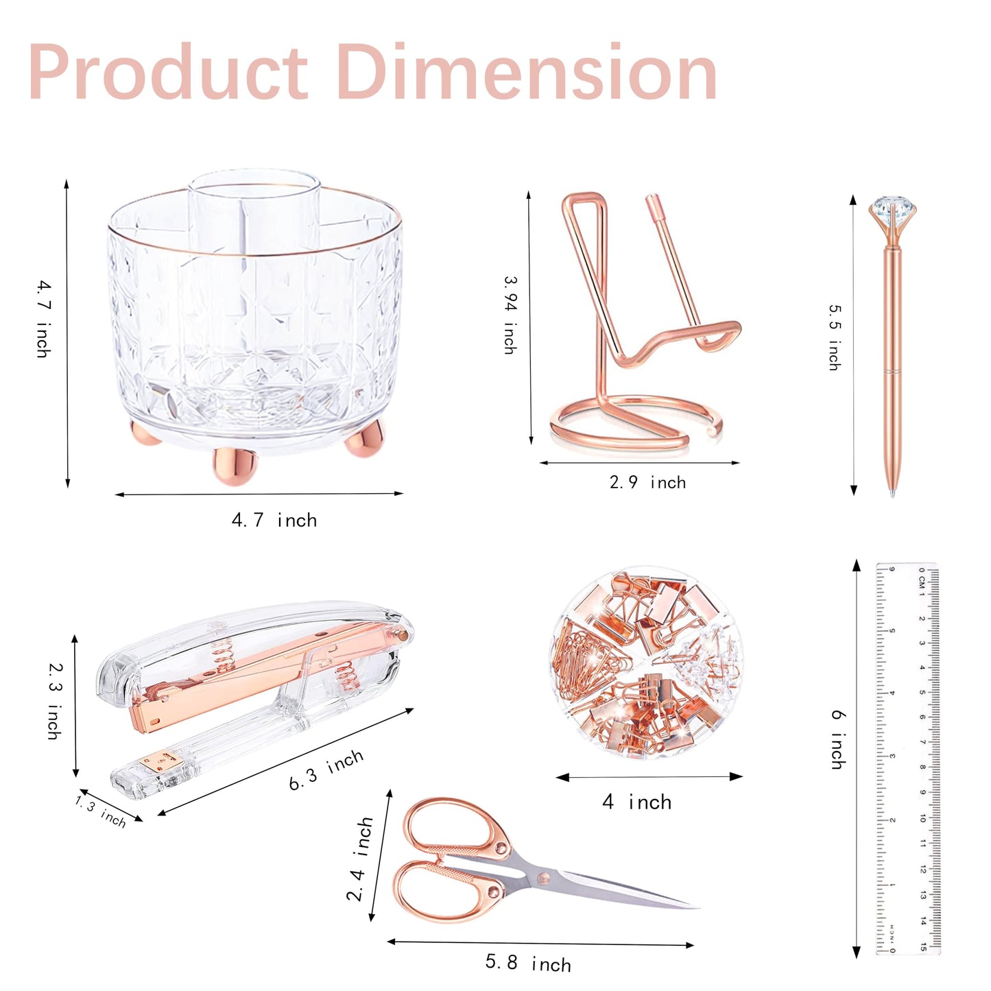 Rose Gold Desk Accessories, Office Supplies Desk Organizers 360°Pen Holder Acrylic Stapler Set, Phone Holder, Ballpoint Pen, Scissor, Binder Clips, Ruler, Transparent Glue, Sticky Note and Staples.