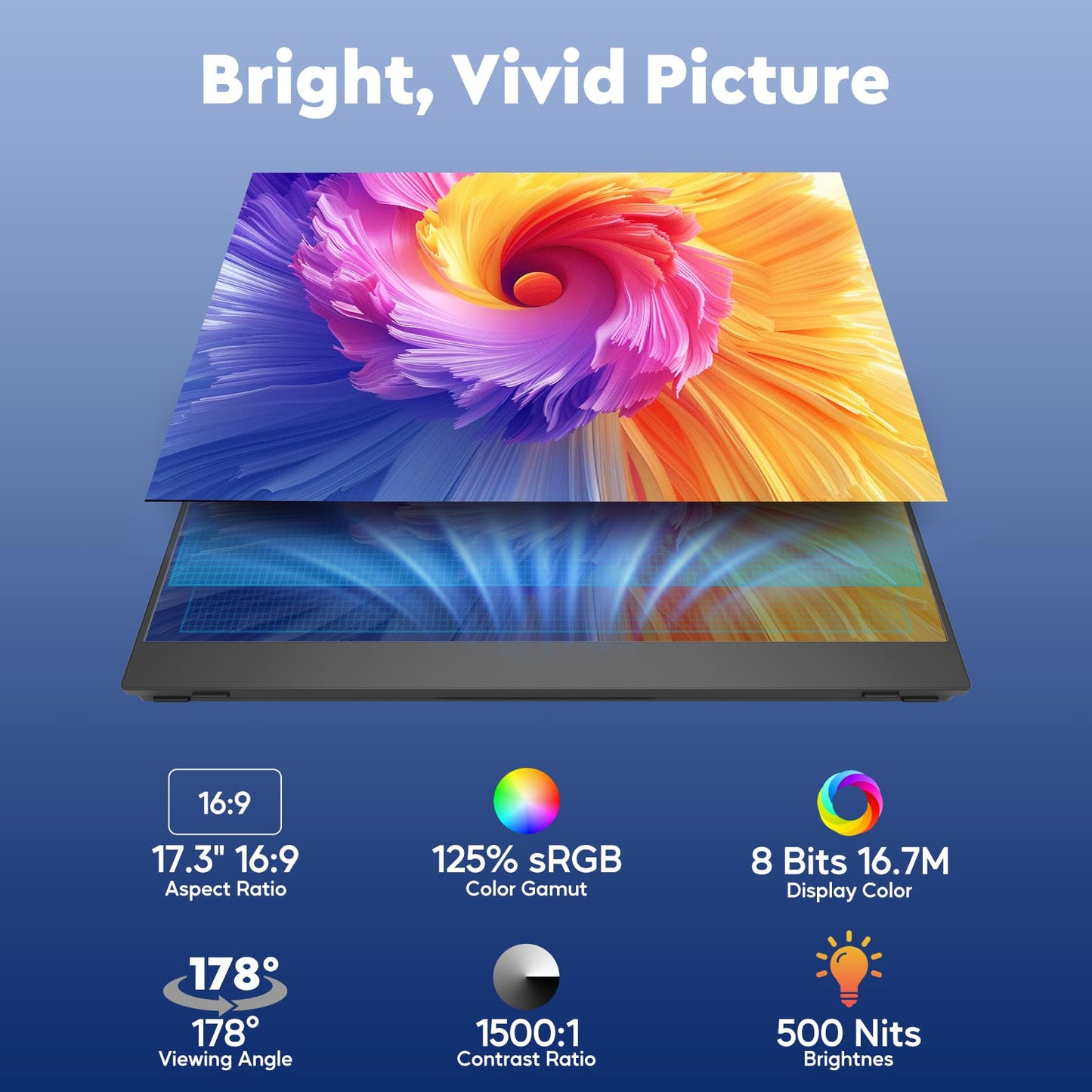 17.3" Wireless Portable Monitor with Built‑in 8000mAh Battery 4H, AirPlay & Miracast, 2.5K QHD 2560x1400 IPS Matte HDR, 125% sRGB, 500 Nits, VESA, Auto Rotation for Phone/Tablet, USB‑C & Mini HDMI