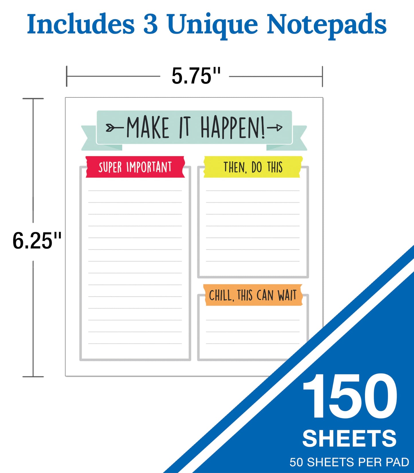 Carson Dellosa Notepad 3-Pack Set, Note Pads for To Do List, Sketch Pad, Grocery List, Checklist, and Classroom Organization Stationary, Desk Accessories and Office Supplies